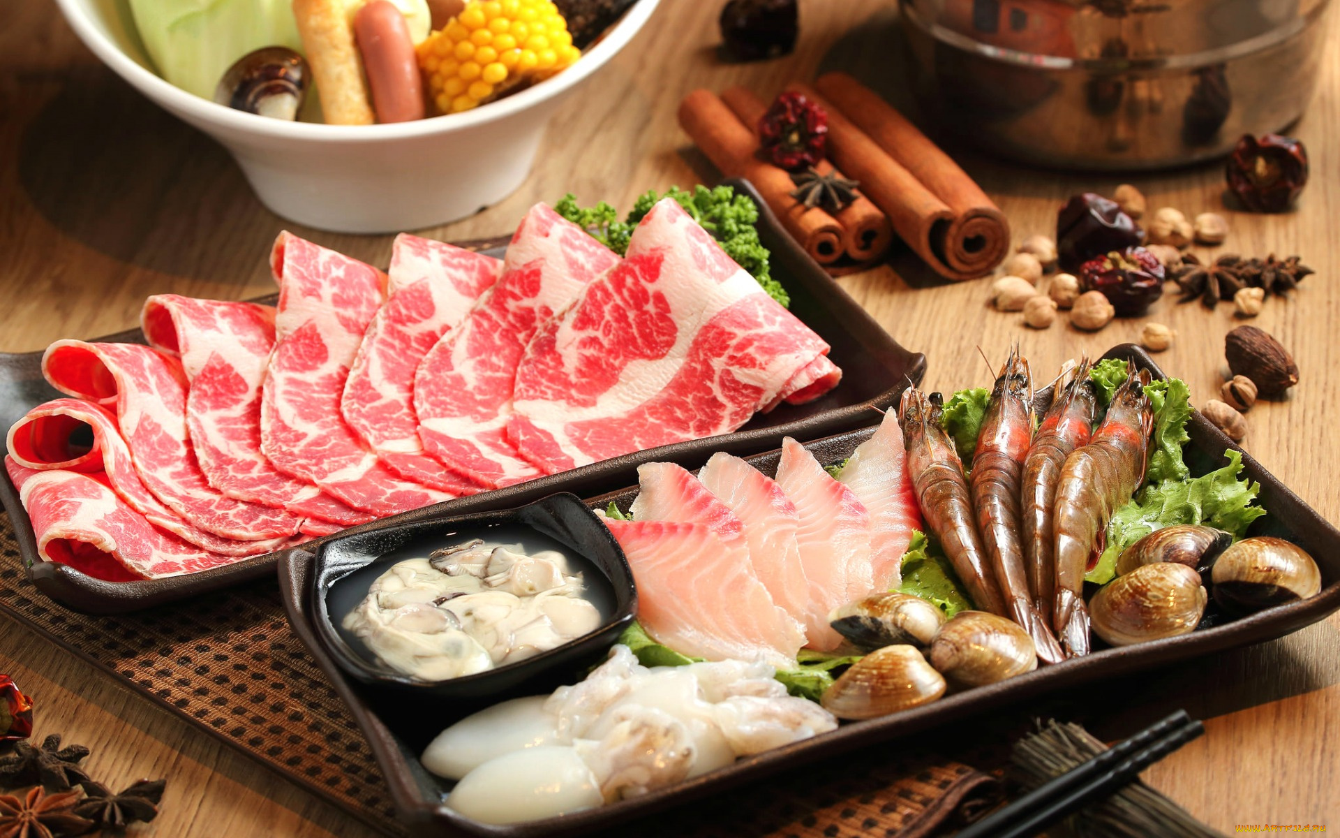 еда, разное, моллюски, мясо, кальмары, бадьян, корица, специи, рыба, креветки, морепродукты, блюда, японская, кухня, ассорти