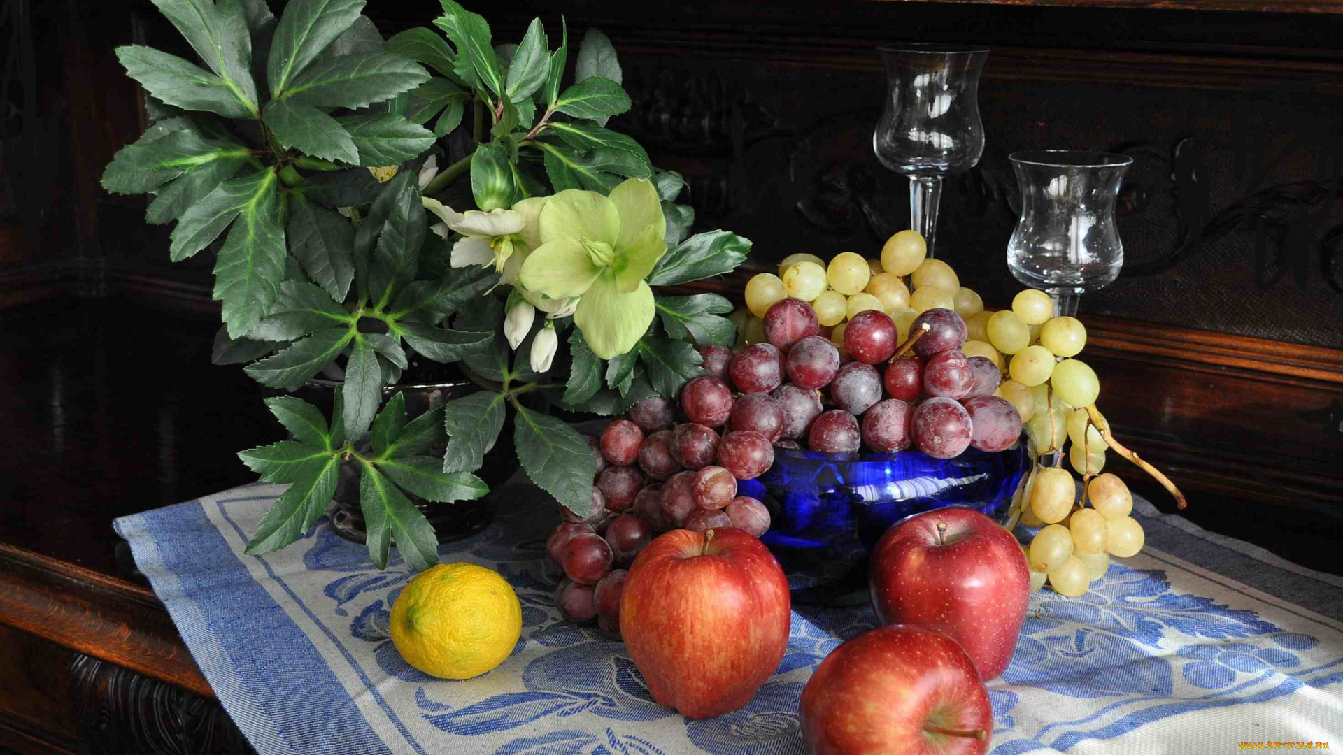 еда, натюрморт, цветы, ваза, фрукты