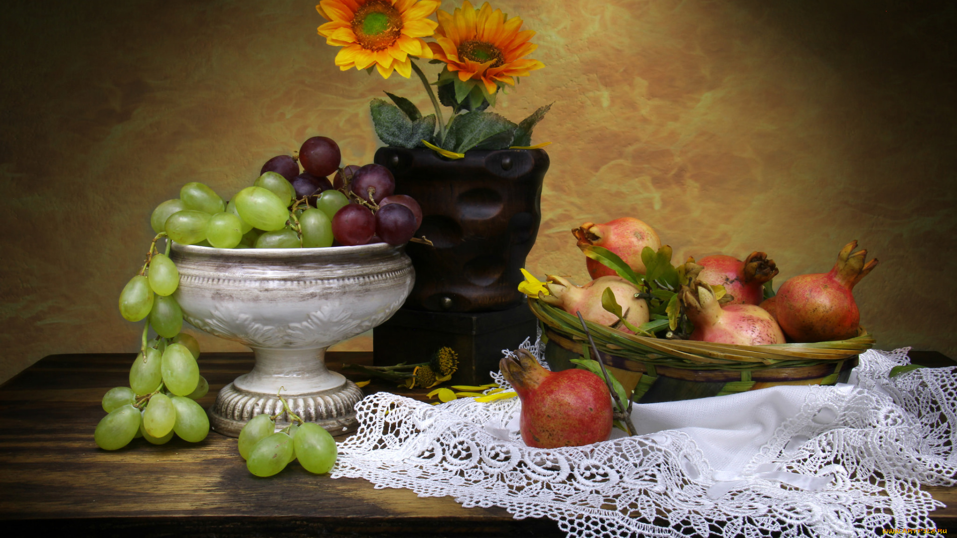 еда, натюрморт, фрукты, цветы, ваза