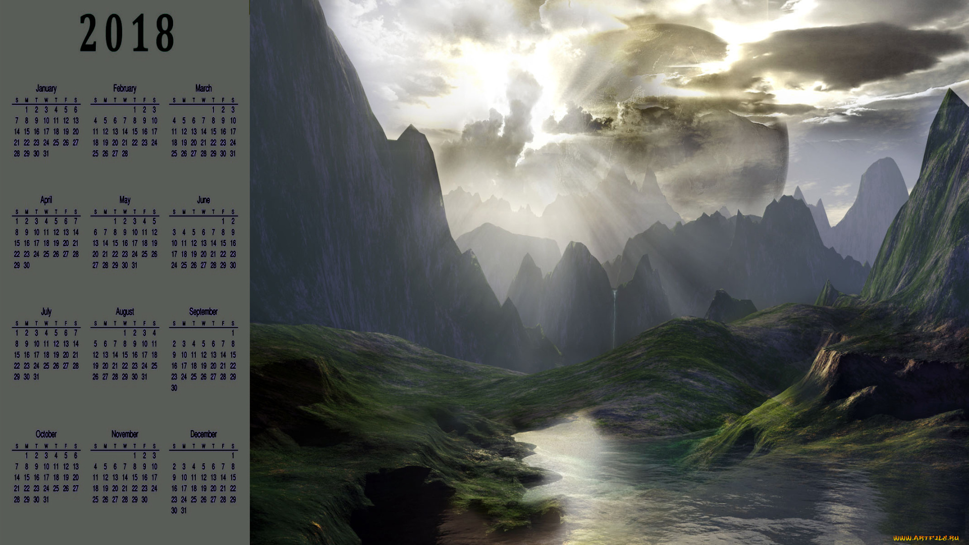 календари, 3д-графика, природа, облака, гора, водоем
