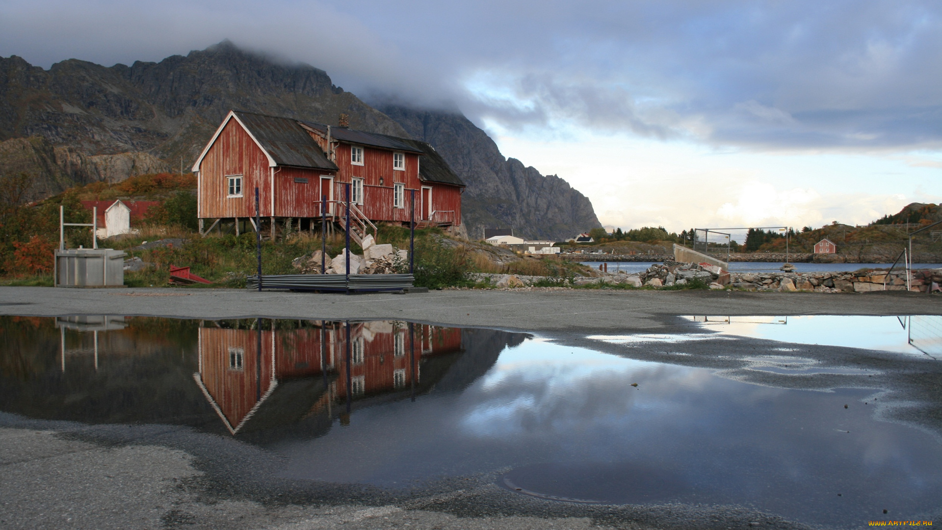 разное, сооружения, , постройки, тучи, лужи, дом, после, дождя, лофотен, норвегия