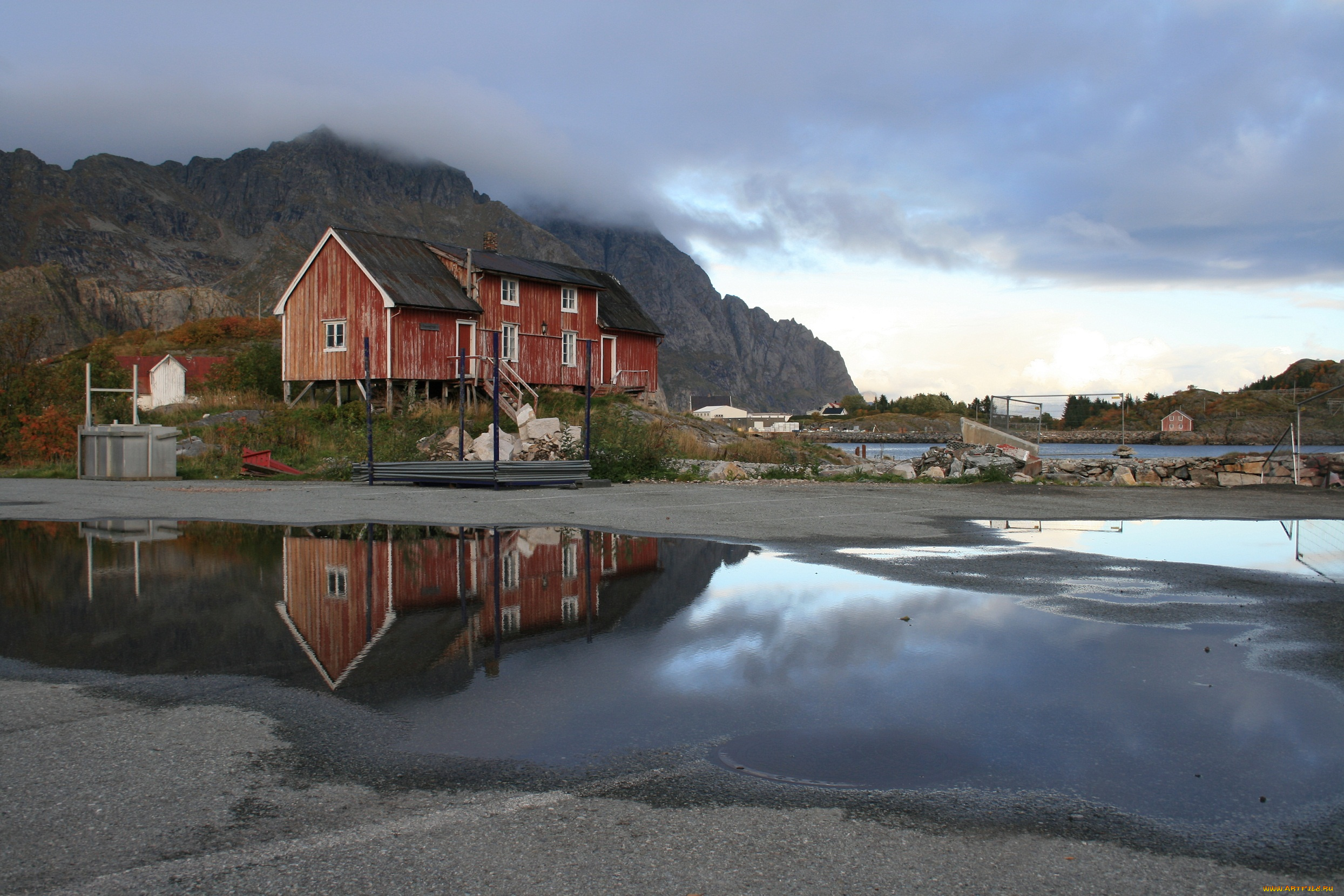разное, сооружения, , постройки, тучи, лужи, дом, после, дождя, лофотен, норвегия