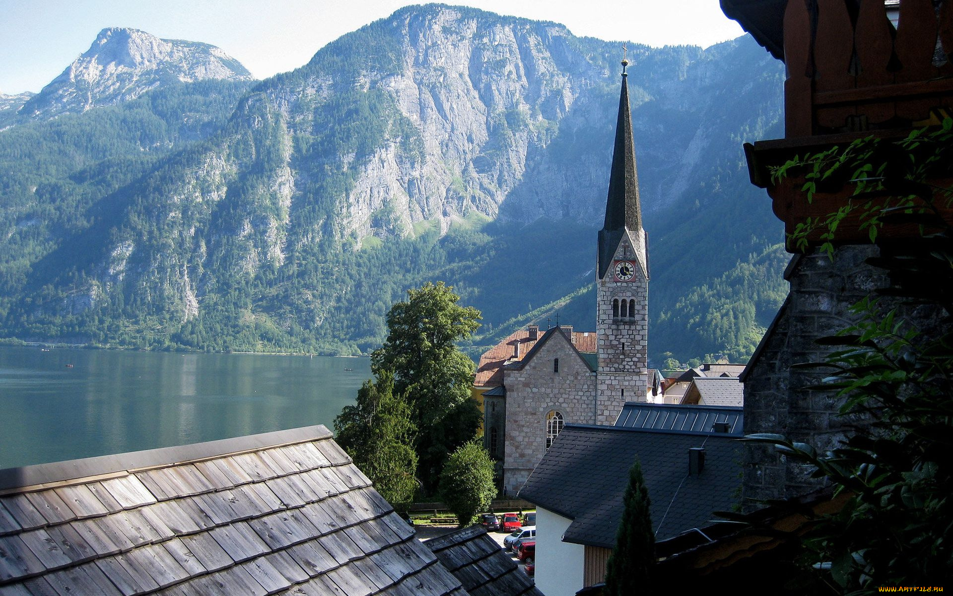 hallstatt, austria, города, пейзажи, церковь, горы
