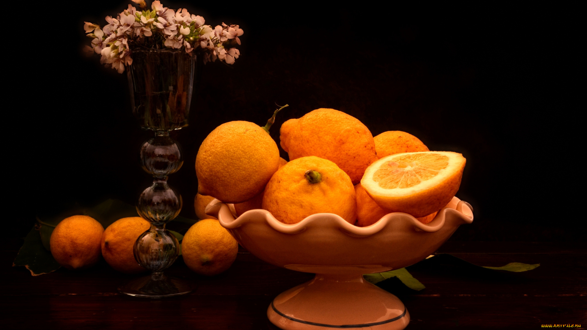 еда, цитрусы, ваза, апельсины