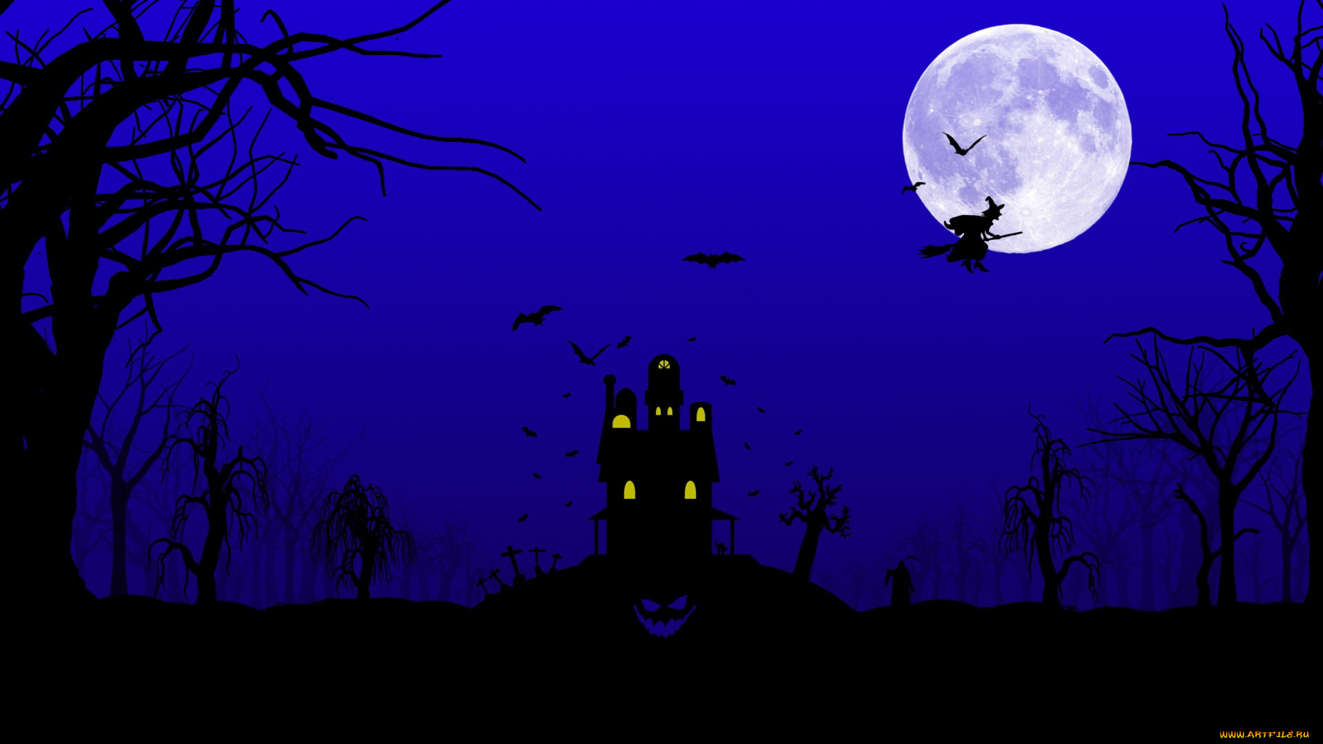 праздничные, хэллоуин, ночь, замок, луна, летучие, мыши