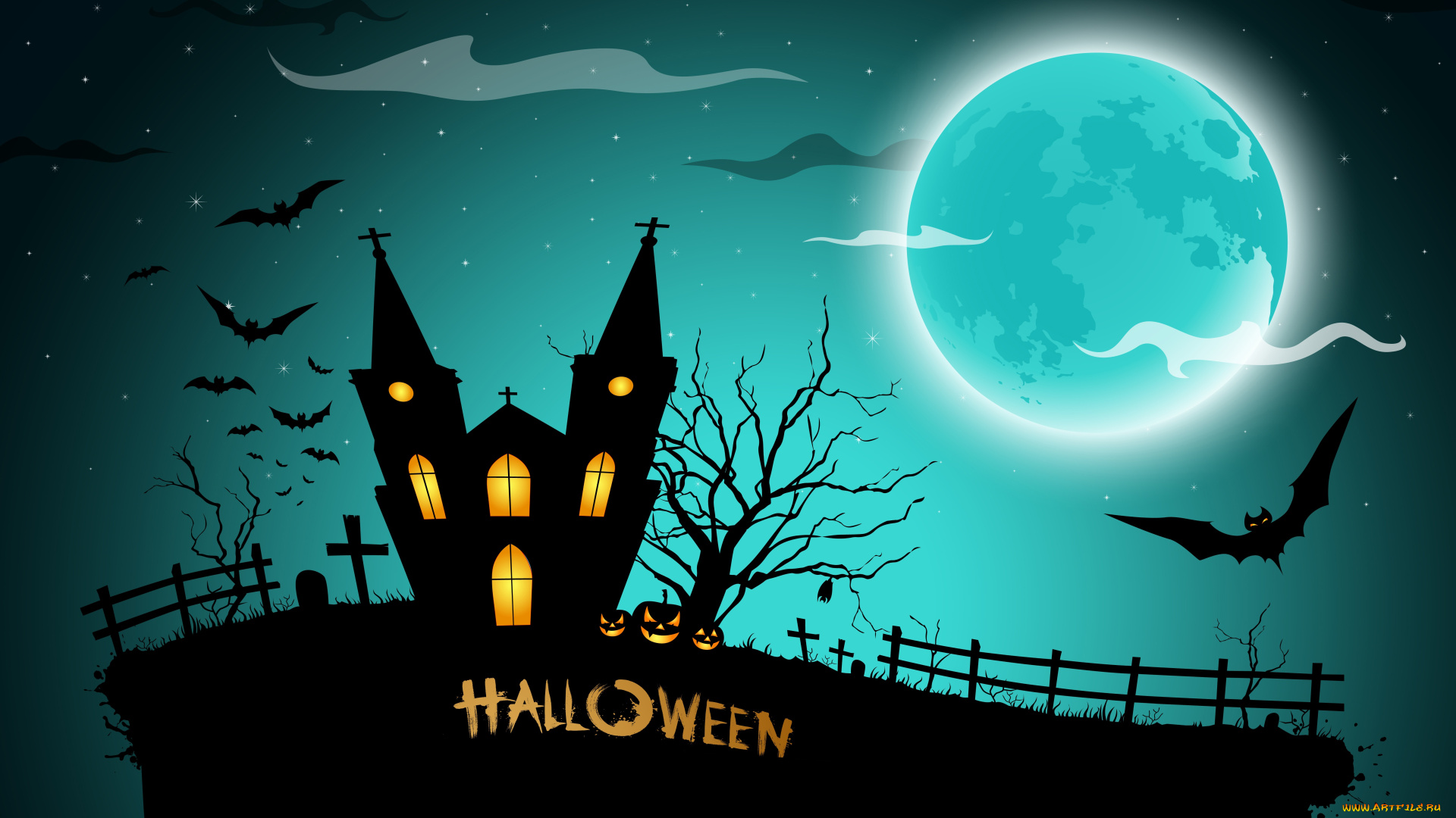 праздничные, хэллоуин, pumpkins, bats, house, graveyard, full, moon, midnight, horror, scary, halloween, creepy