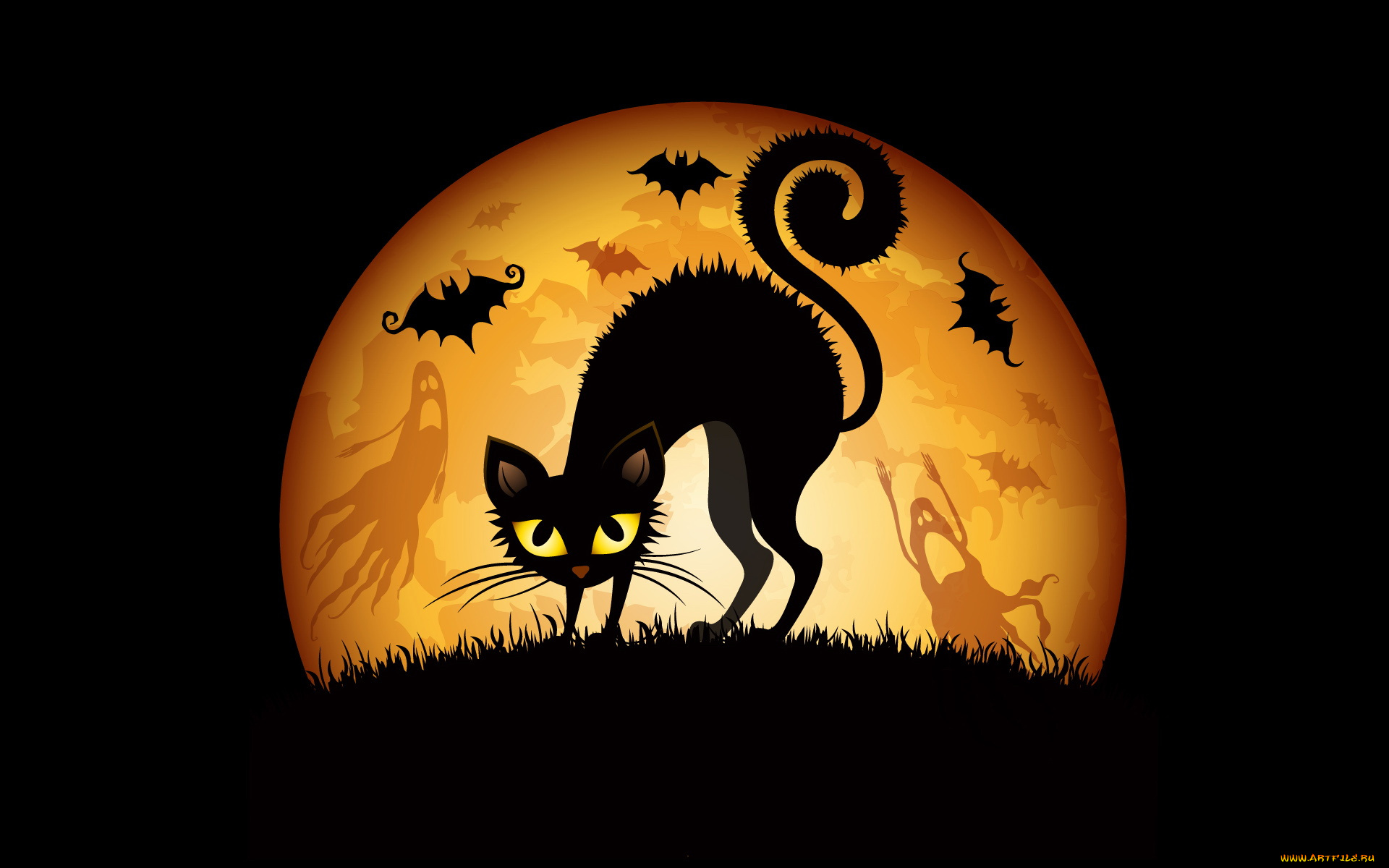 праздничные, хэллоуин, луна, кот, привидение, летучие, мыши