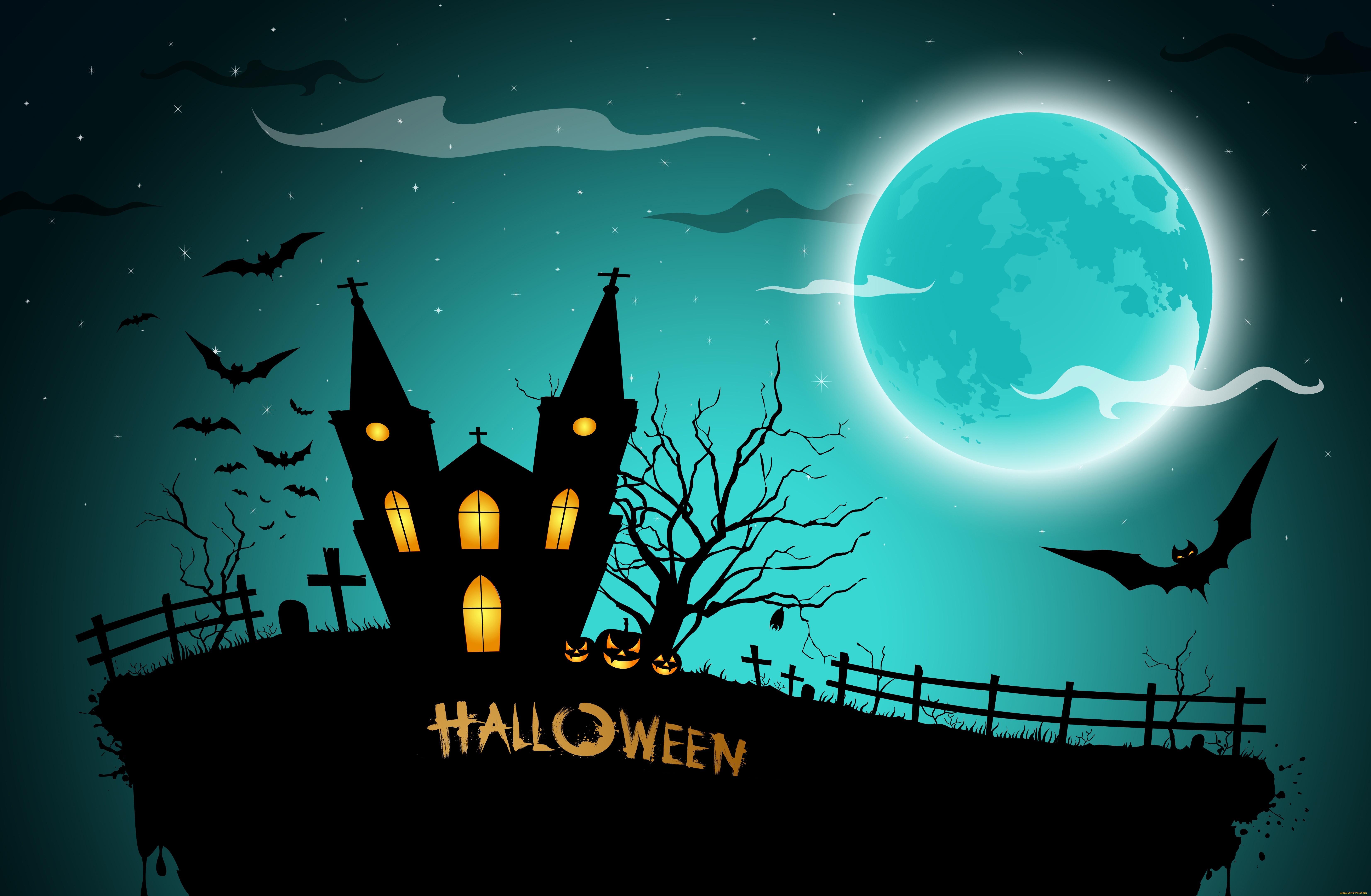 праздничные, хэллоуин, pumpkins, bats, house, graveyard, full, moon, midnight, horror, scary, halloween, creepy