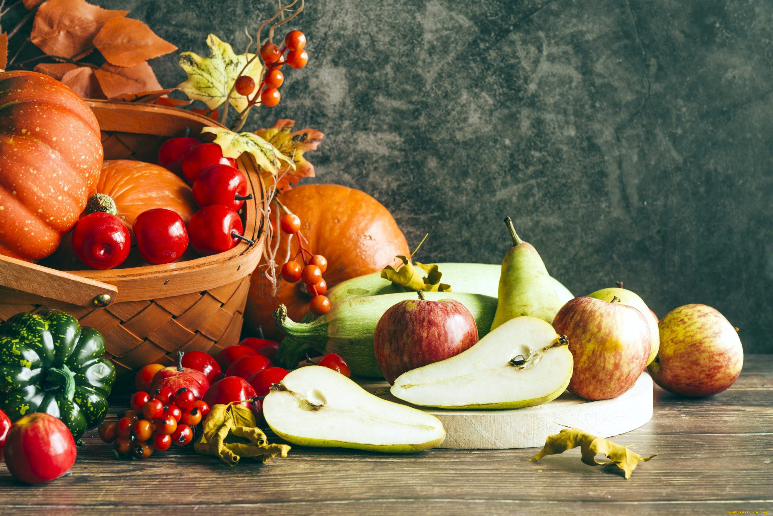 еда, фрукты, и, овощи, вместе, яблоко, груша, кабачок, тыква
