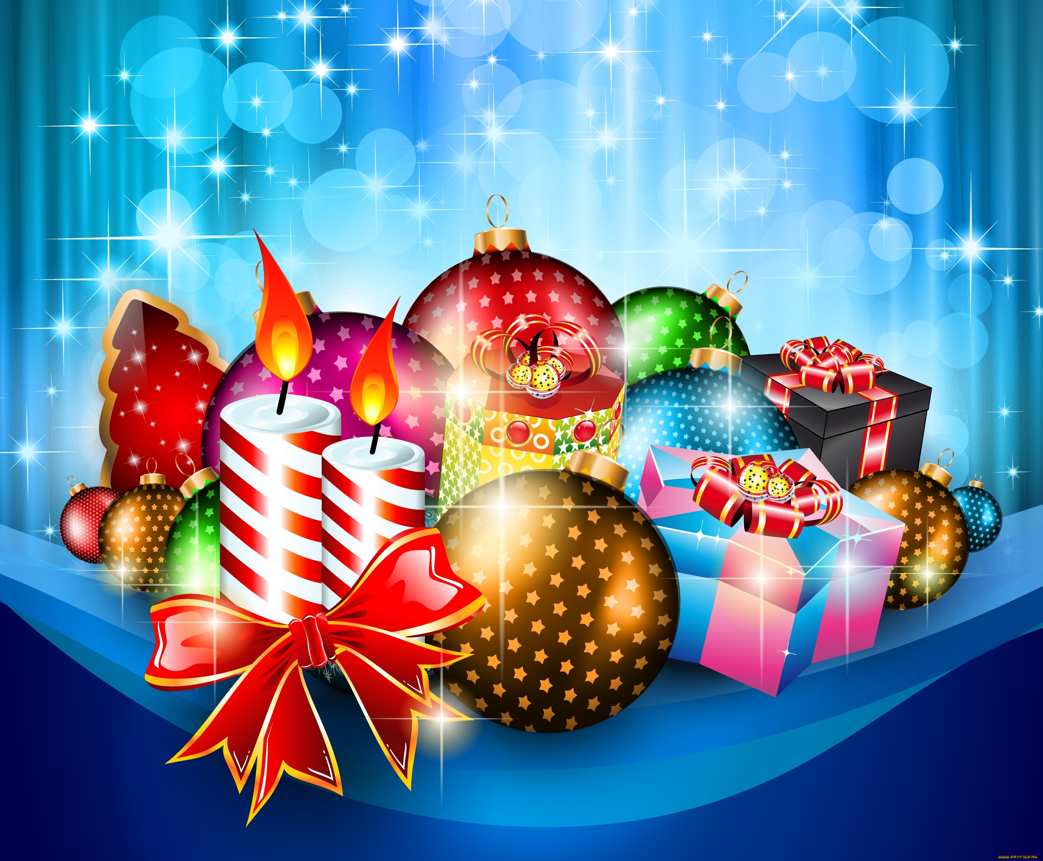 праздничные, векторная, графика, новый, год, свечи, подарки, шарики