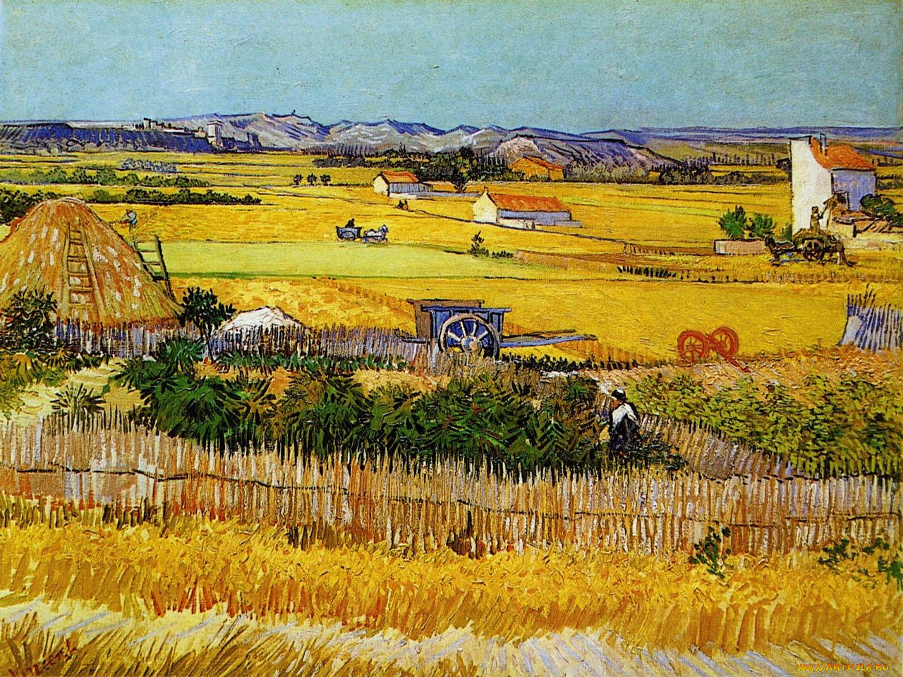 harvest, landscape, with, blue, cart, рисованные, vincent, van, gogh