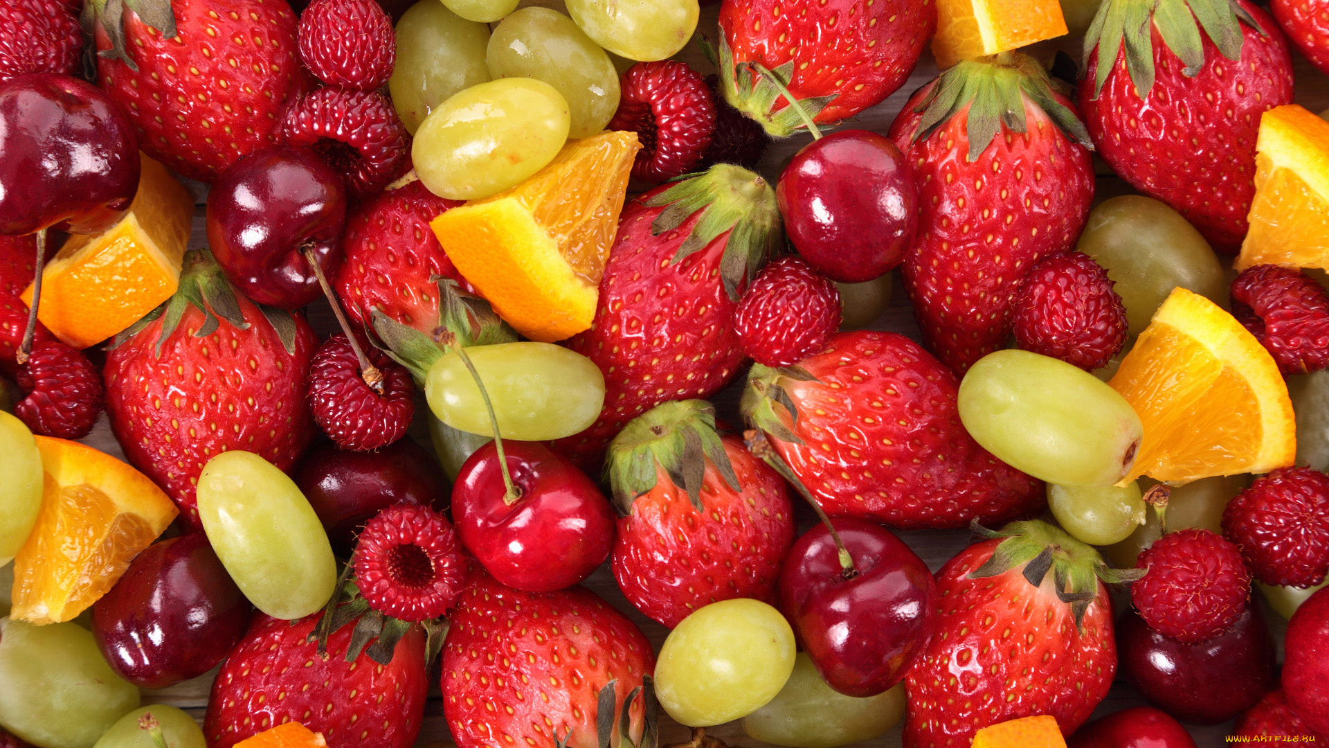 еда, фрукты, , ягоды, клубника, виноград, вишни, апельсин