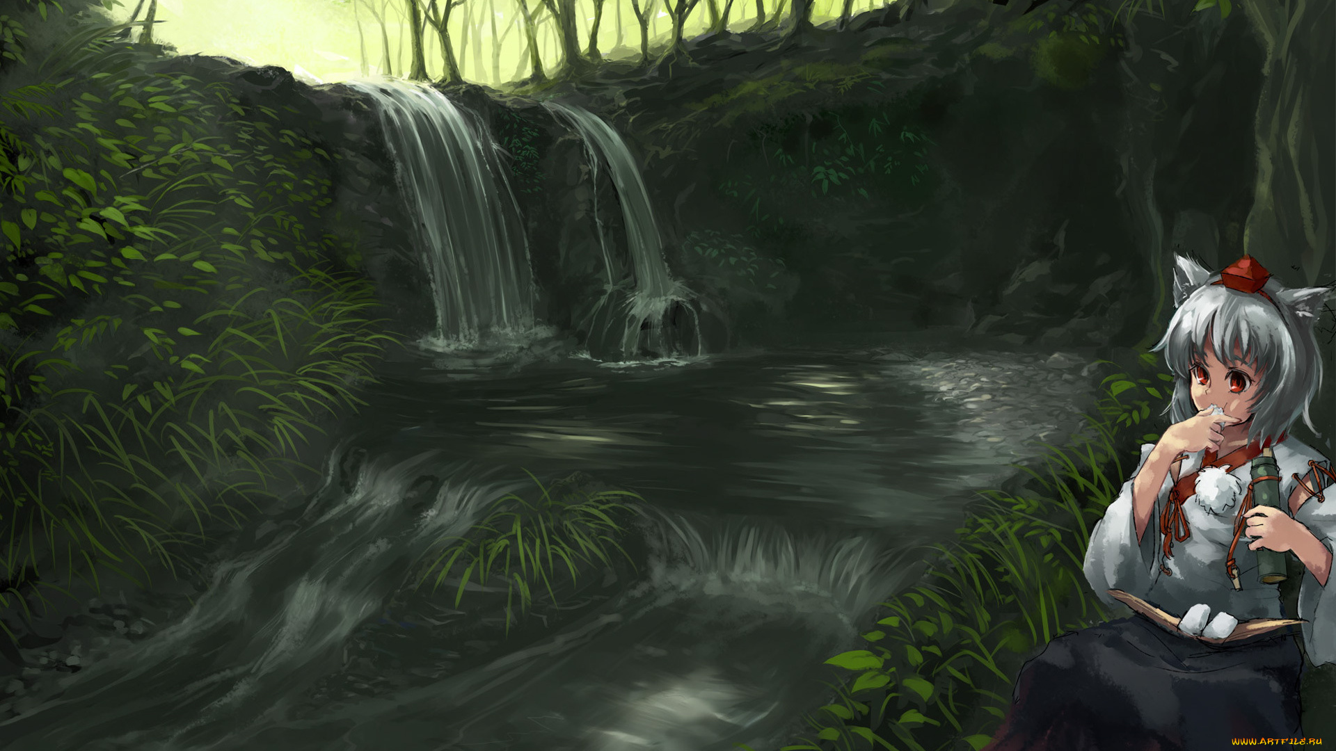 аниме, touhou, девушка, вода, деревья, водопад