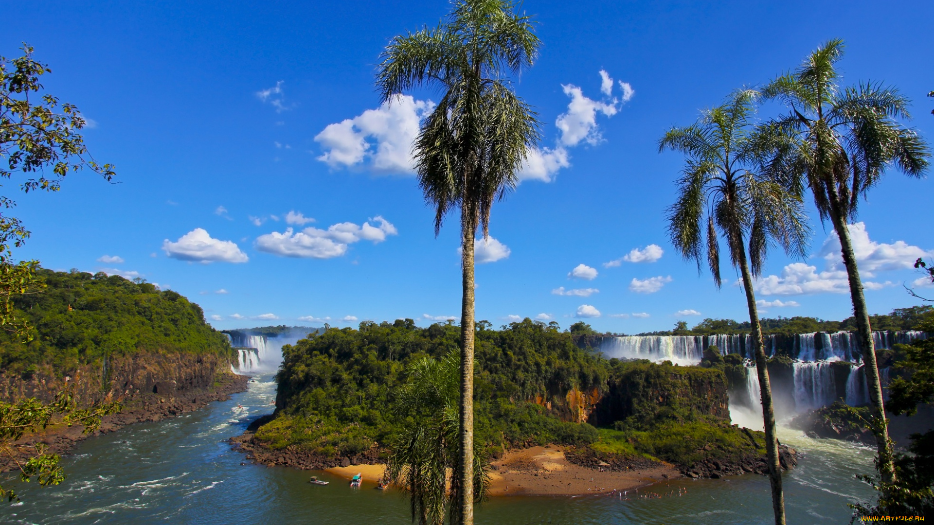 iguazu, falls, природа, водопады, река, остров, пальмы, скалы, водопад, тропики