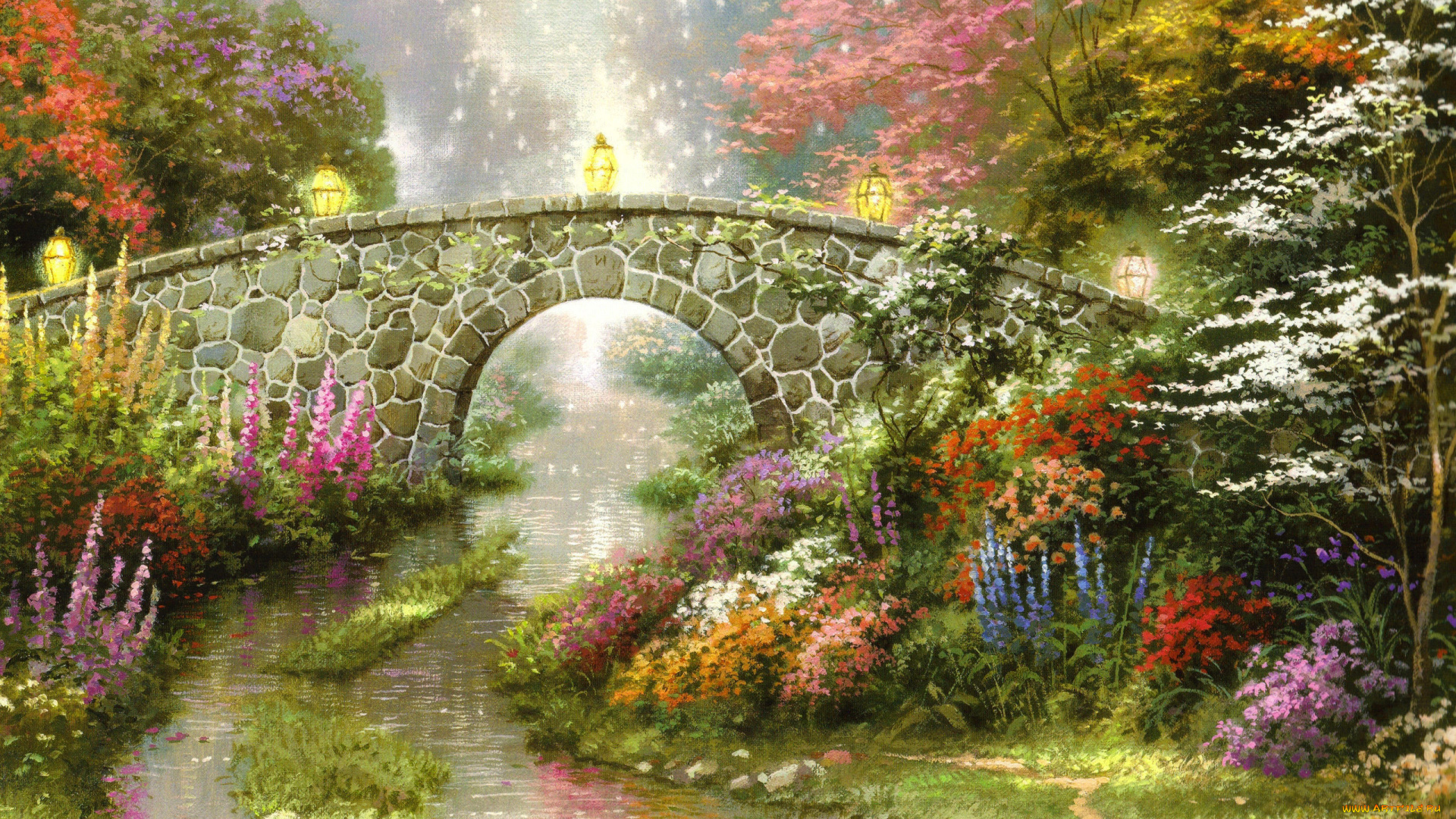 рисованное, thomas, kinkade, цветы, ручей, деревья, мост, природа, фонари