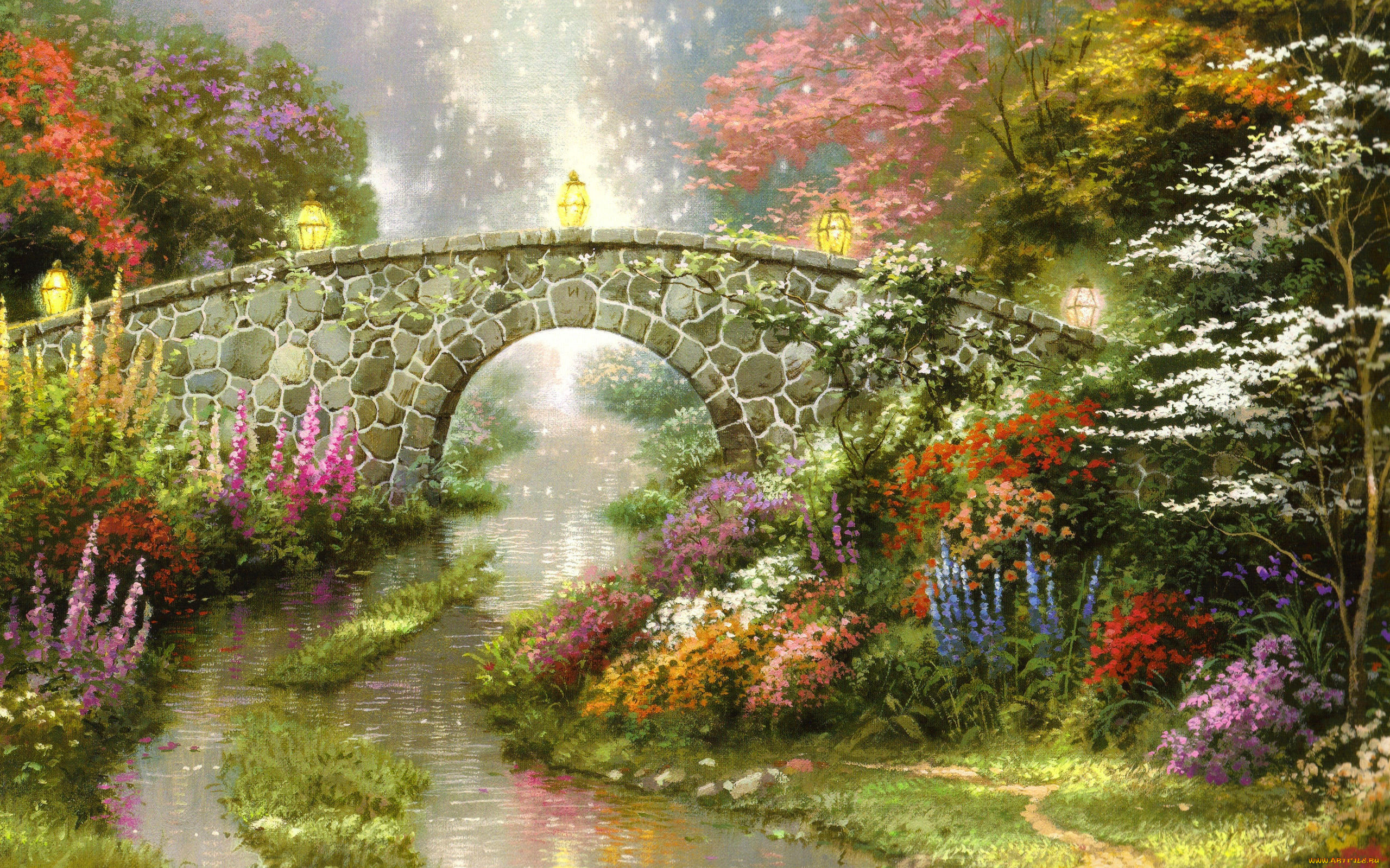 рисованное, thomas, kinkade, цветы, ручей, деревья, мост, природа, фонари