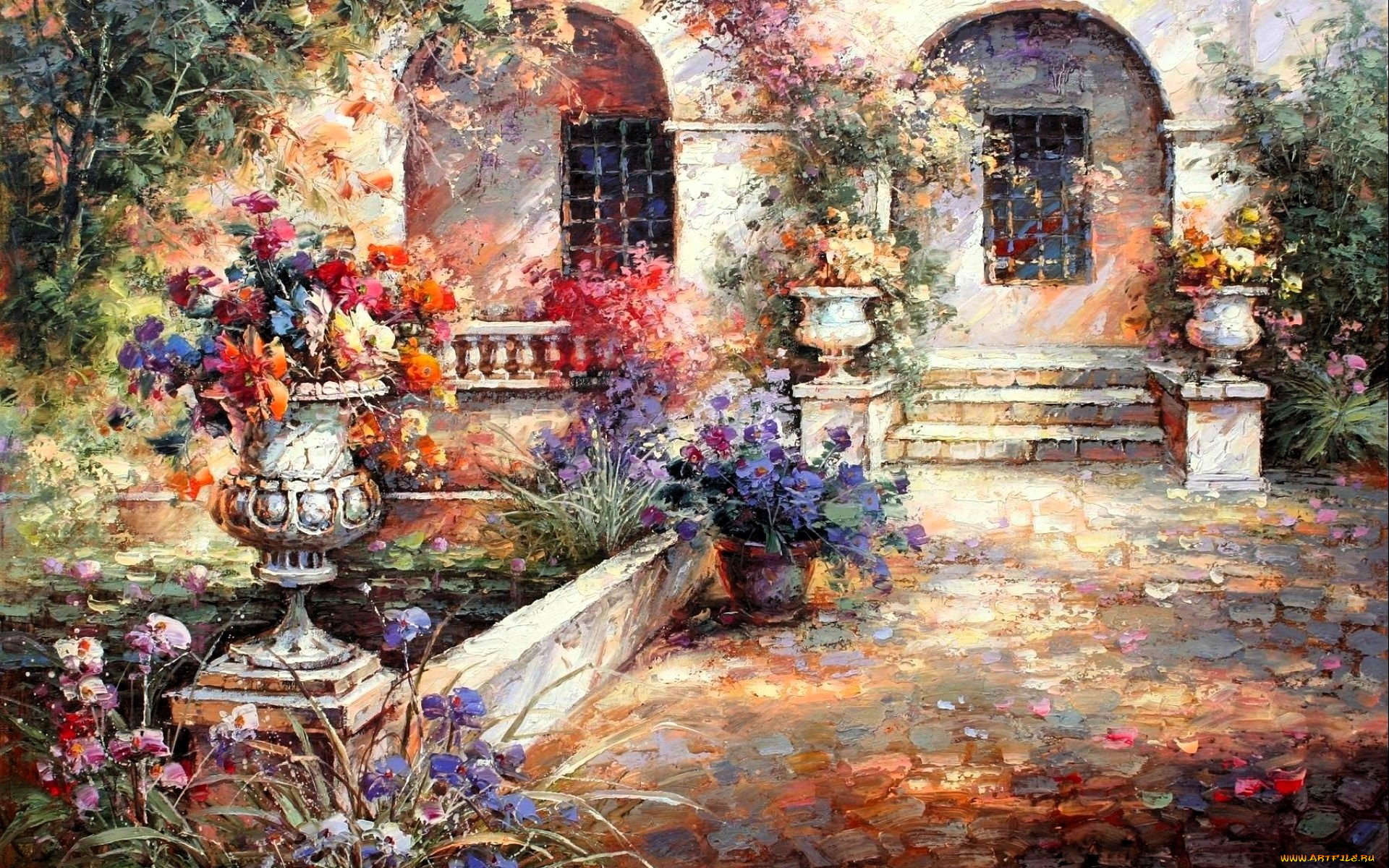 рисованное, живопись, особняк, сад, вазон, цветы