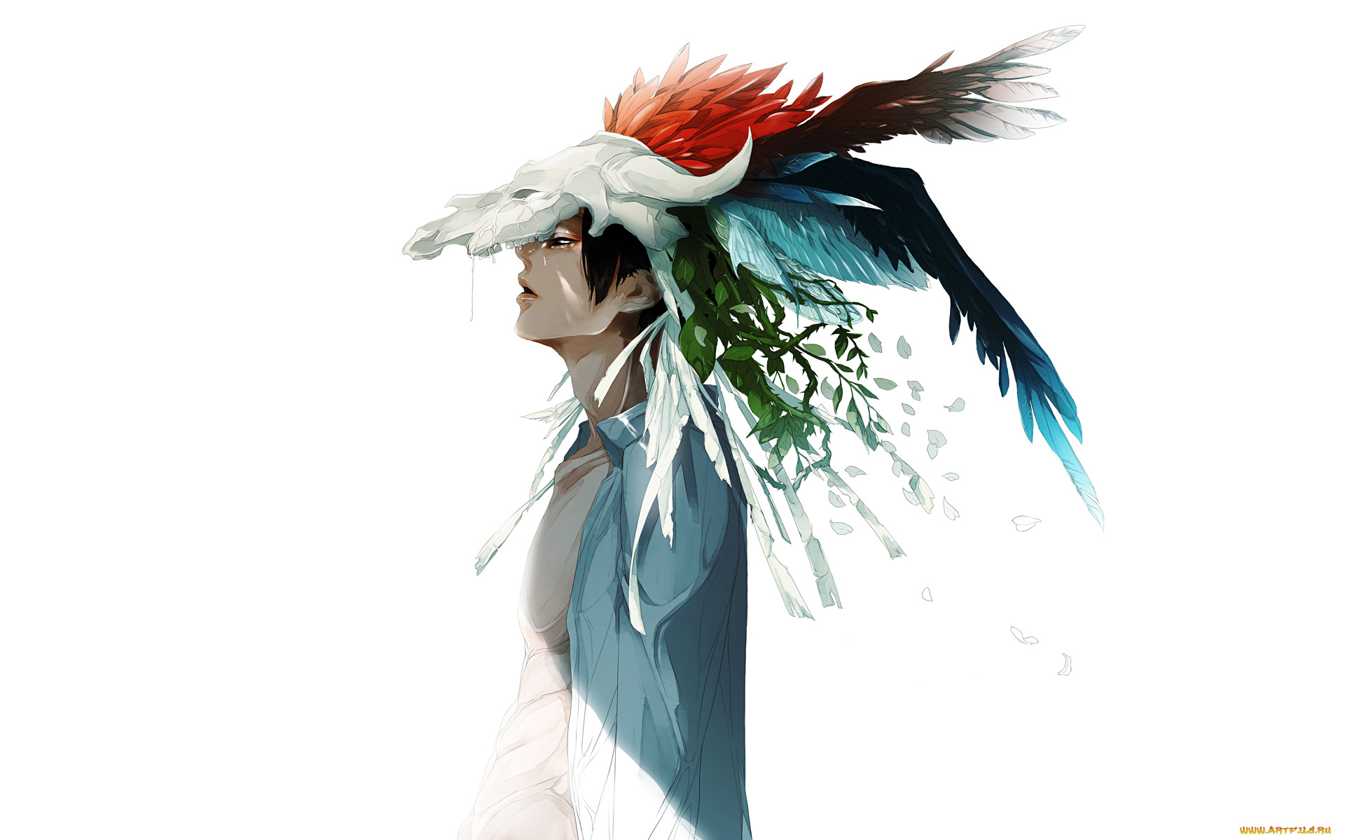 аниме, *unknown, , другое, ветки, листья, рубашка, череп, белый, парень, перья