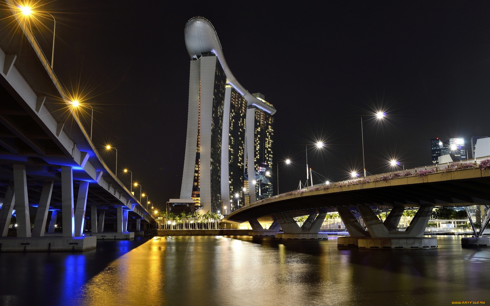 города, -, мосты, сингапур, небоскреб, ночь, город, мост, огни, корабль