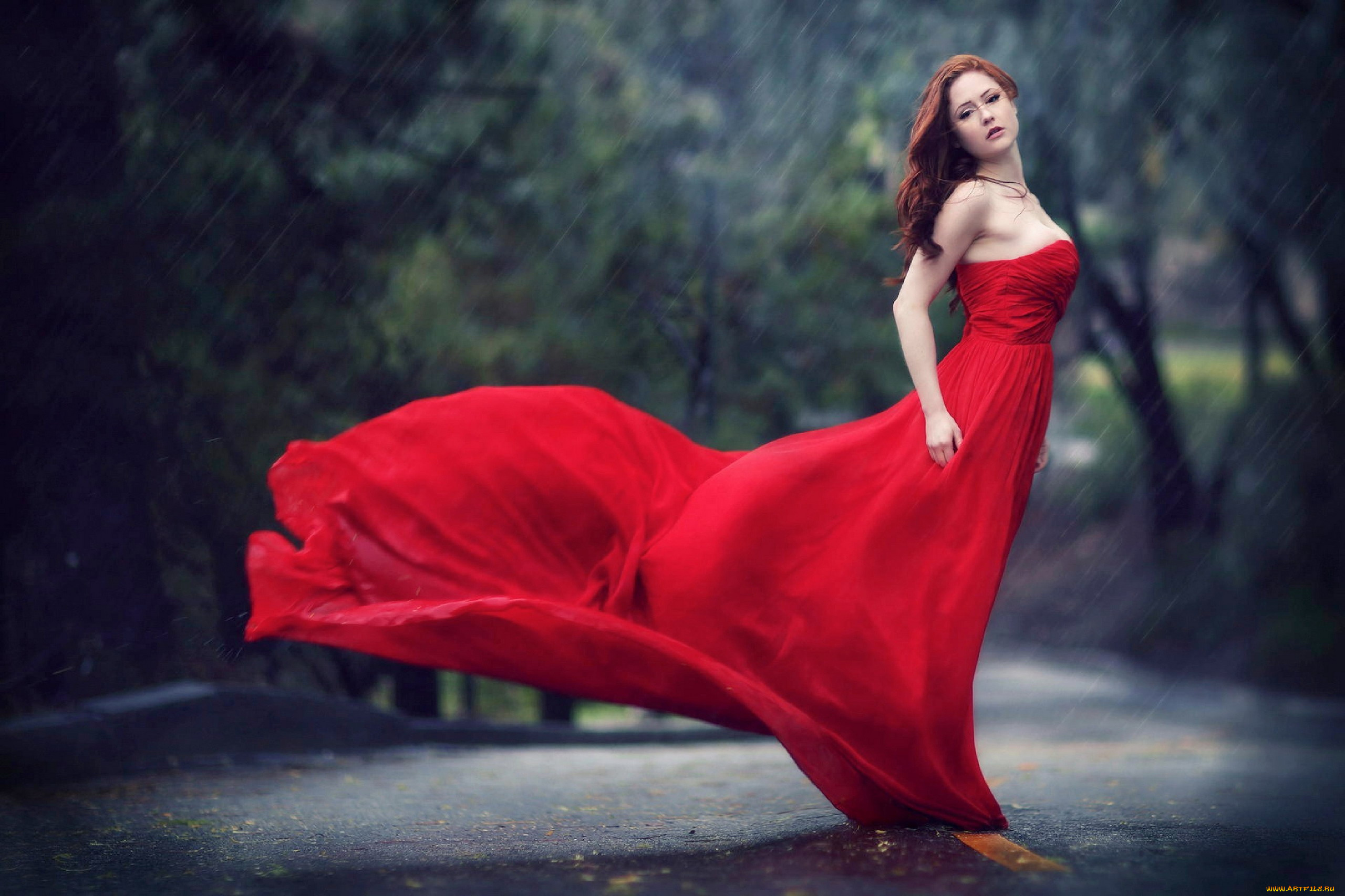 девушки, -, рыжеволосые, и, разноцветные, дождь, рыжие, волосы, красное, платье
