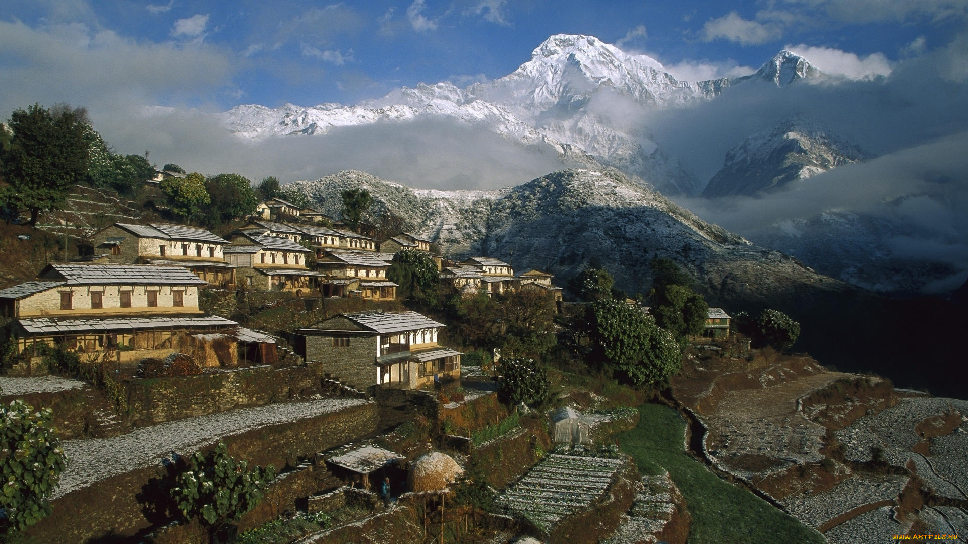 непал, города, панорамы, азия, дома, вид, деревня, гора
