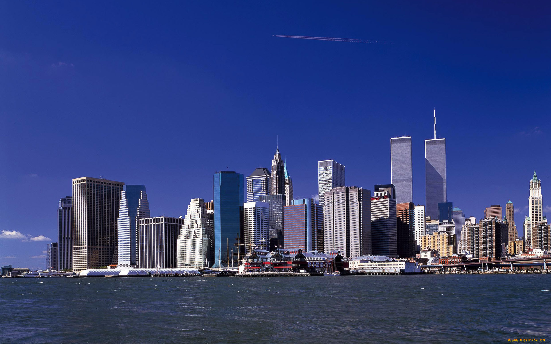 города, нью, йорк, сша, город, река, башни-близнецы, нью-йорк, небоскребы