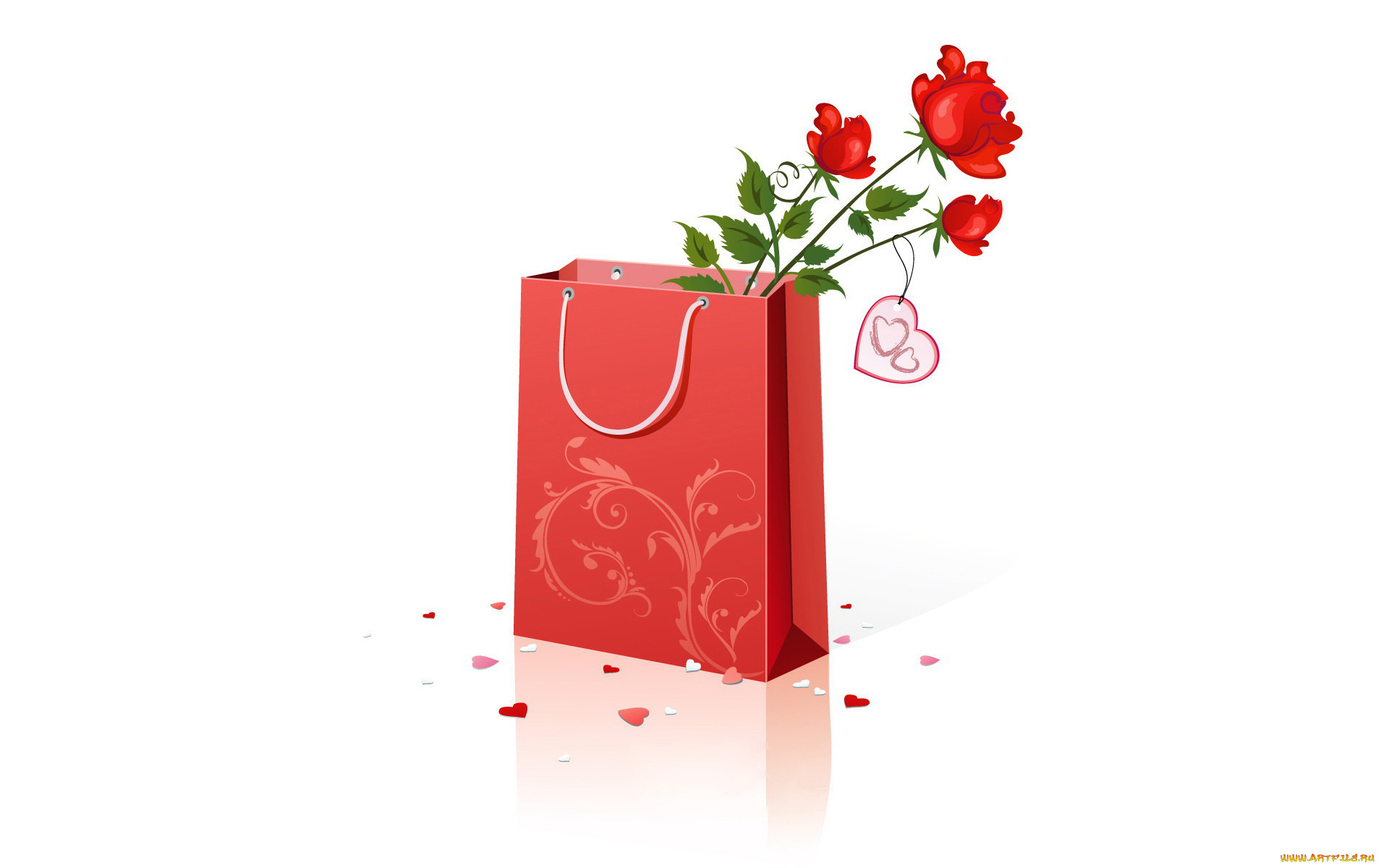 праздничные, день, святого, валентина, , сердечки, , любовь, пакет, подарок, цветок, роза, сердечки, отражение