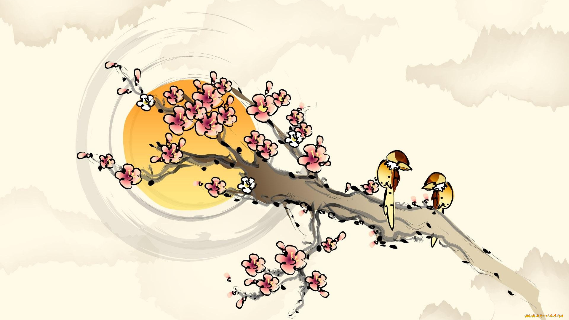 рисованное, природа, ветка, сакура, весна, цветение, птицы