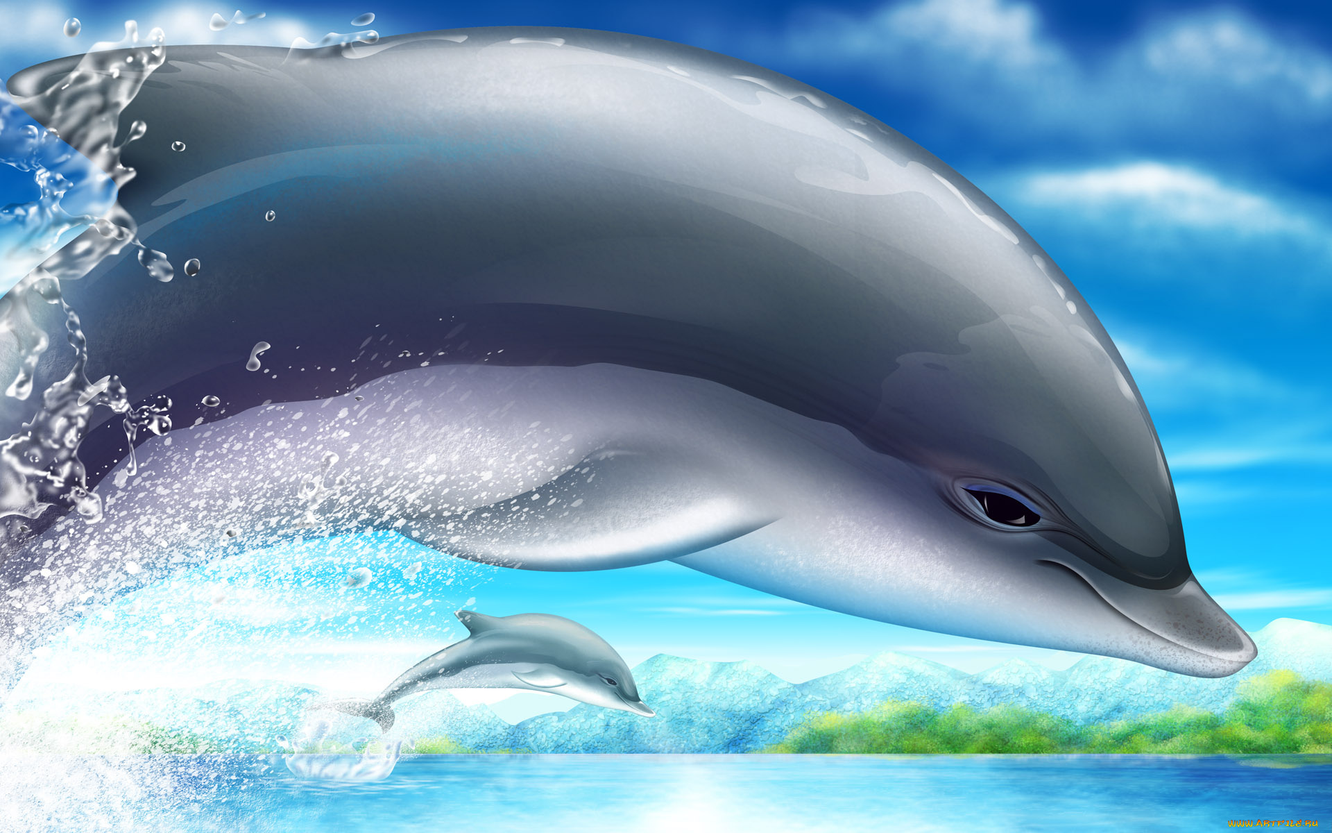 рисованные, животные, дельфины