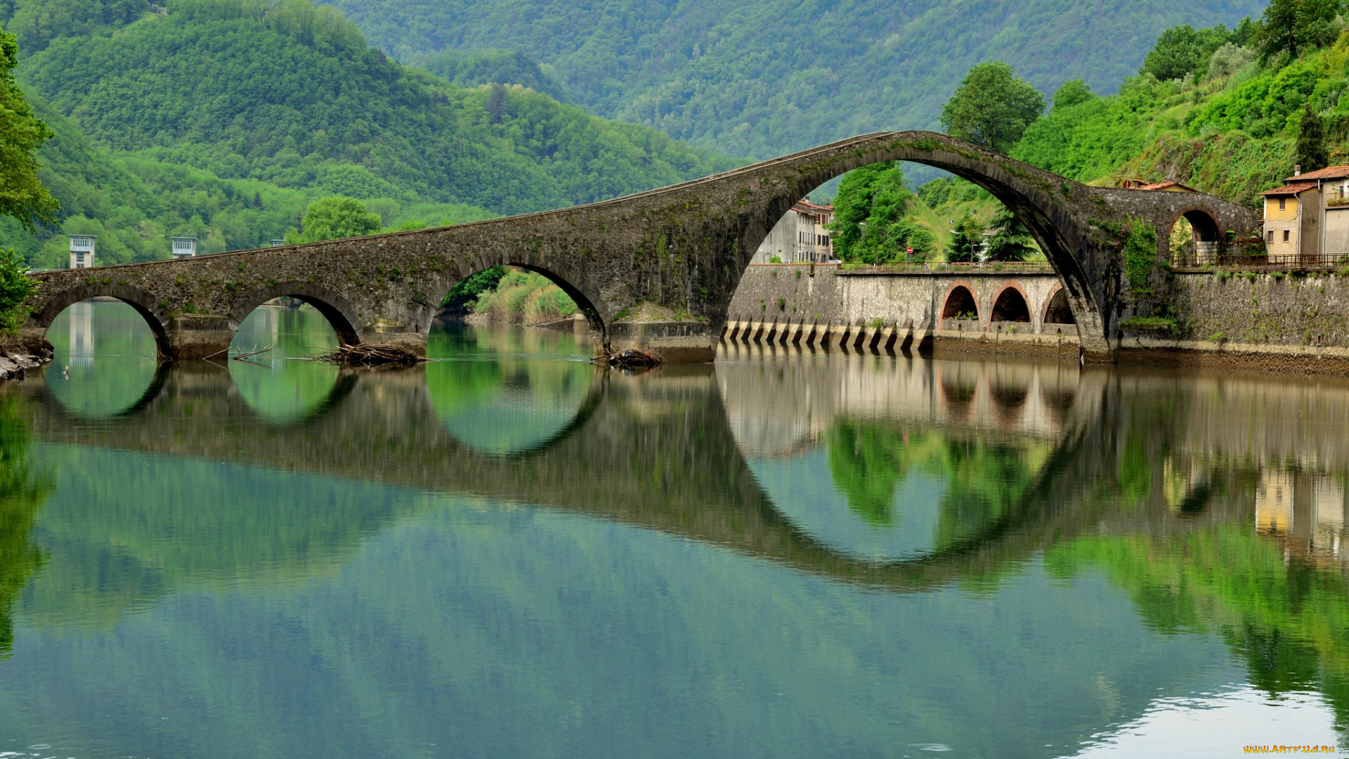 города, -, мосты, maddalena, ponte, del, diavolo, отражение, мост, италия, природа, река