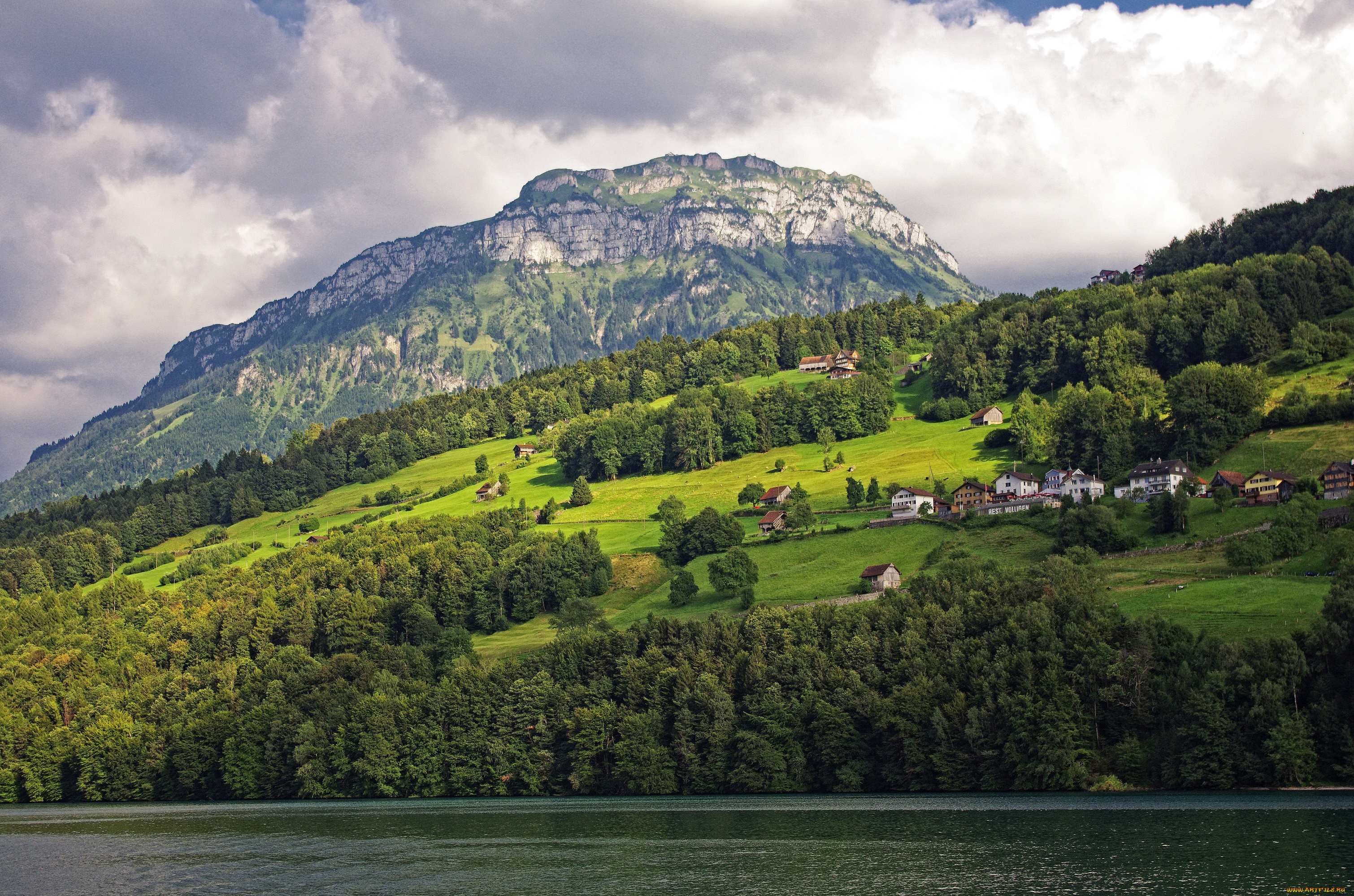 lake, lucerne, швейцария, природа, пейзажи, дома, лес, lucerne, горы, озеро, швейцария, lake