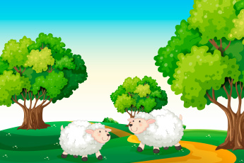 Картинка векторная+графика небо тропа овечки деревья природа