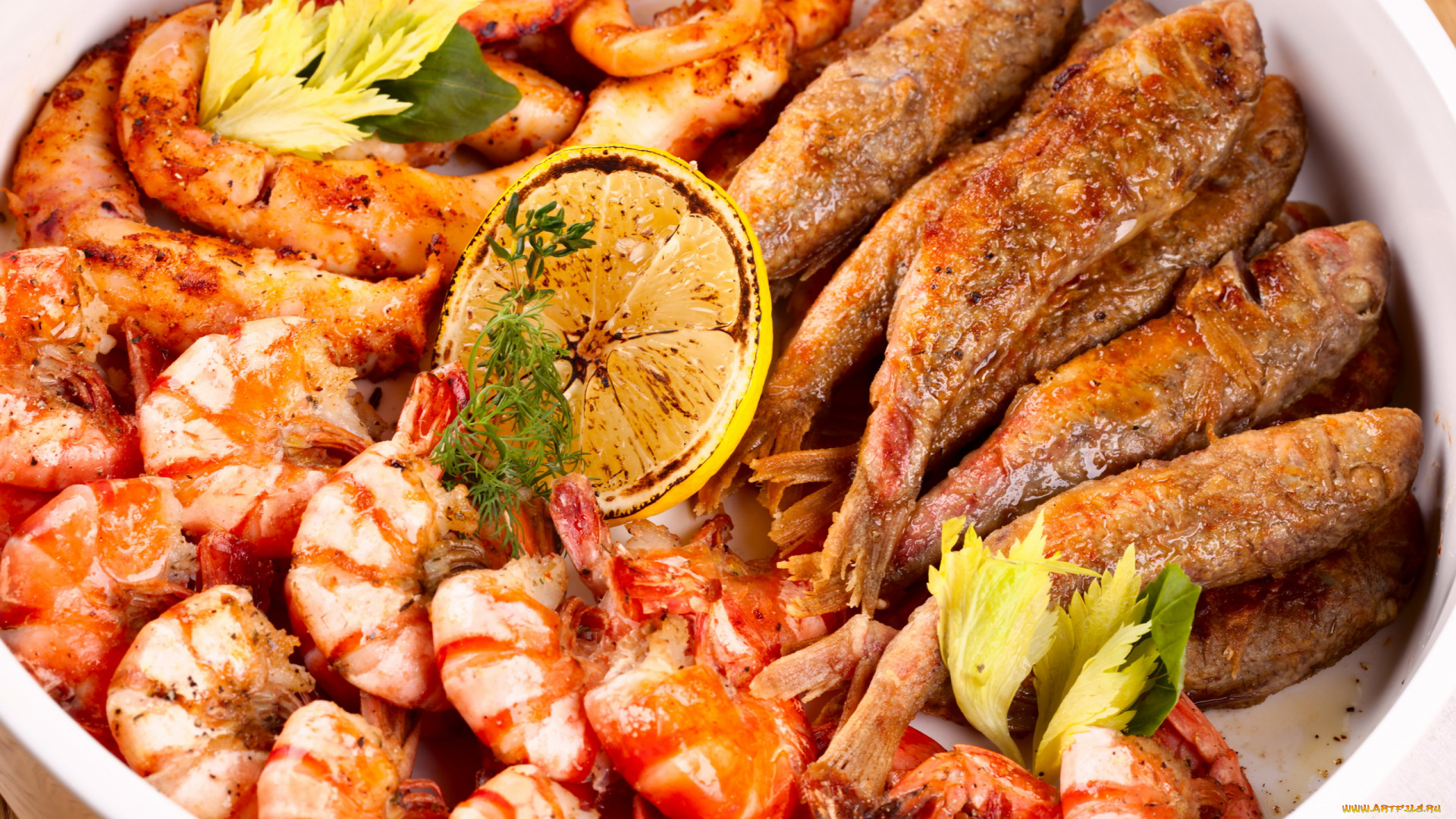 еда, рыбные, блюда, , с, морепродуктами, лимон, укроп, креветки, рыба, жареная