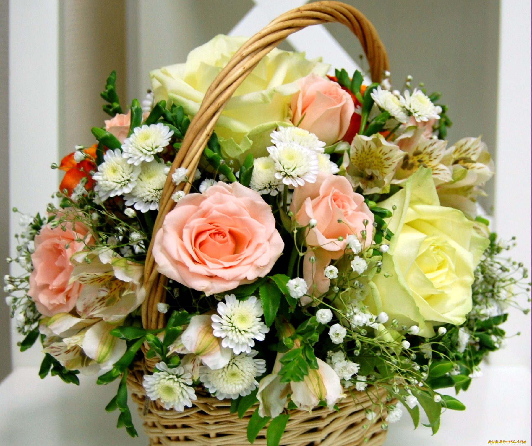 цветы, букеты, композиции, хризантемы, альстромерия, розы, корзина