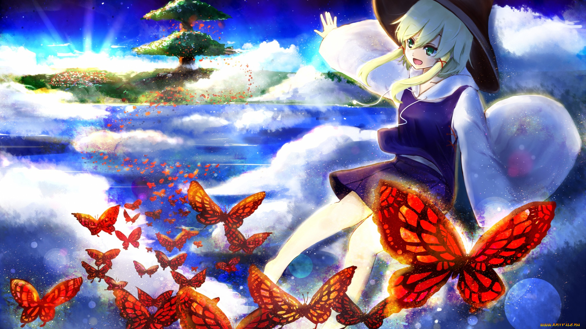 аниме, touhou, остров, бабочки, облака, небо, девушка, шляпа, дерево