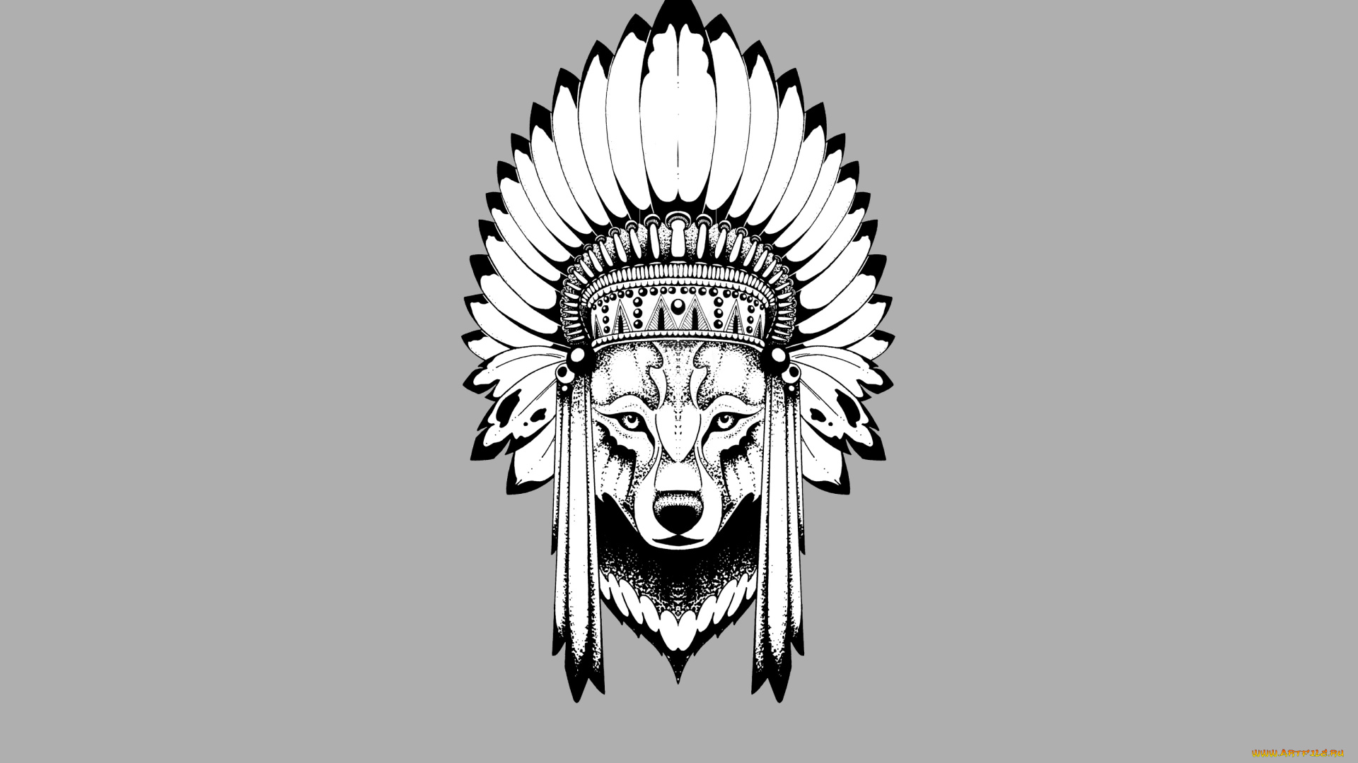 рисованное, минимализм, индеец, wolf, голова, волк, indian, перья
