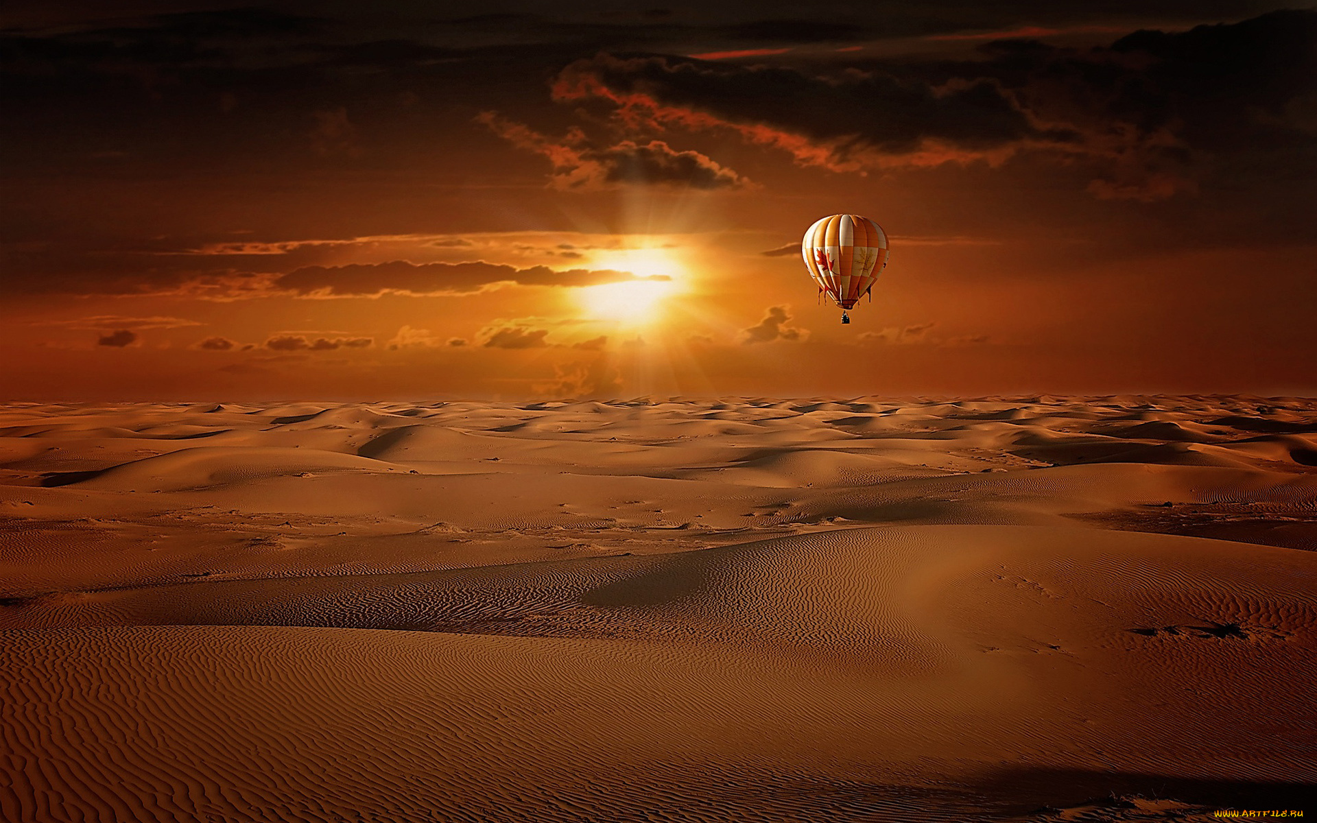 авиация, воздушные, шары, солнце, облака, небо, пустыня, барханы, воздушный, шар, песок, восход