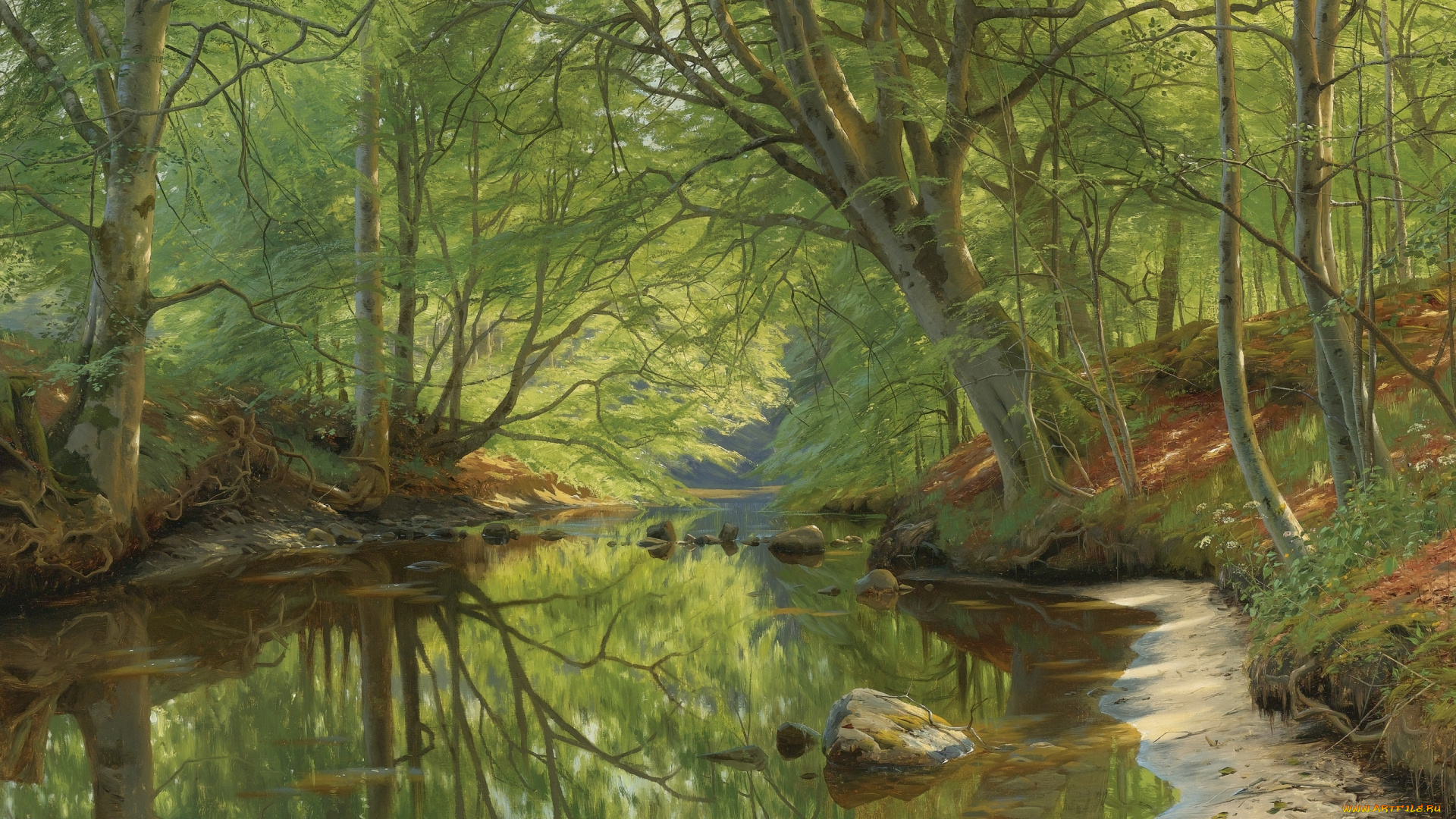 рисованное, живопись, 1896, peder, mоrk, mоnsted, лесной, ручей, danish, realist, painter, forest, stream, датский, живописец, петер, мёрк, мёнстед