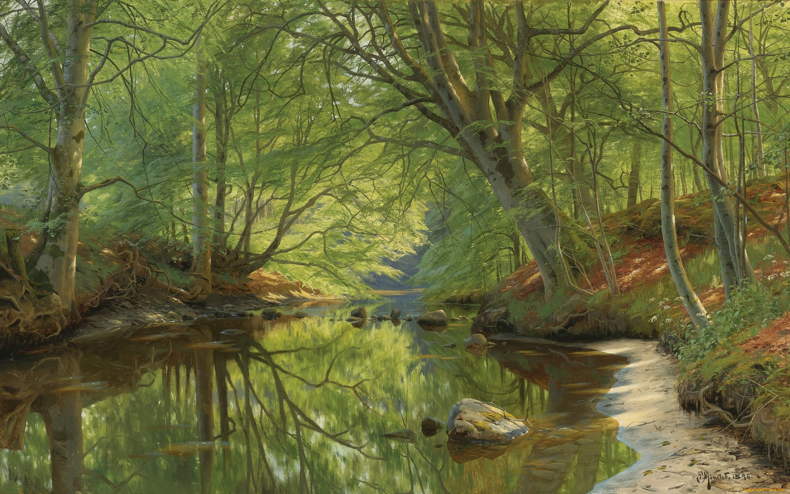рисованное, живопись, 1896, peder, mоrk, mоnsted, лесной, ручей, danish, realist, painter, forest, stream, датский, живописец, петер, мёрк, мёнстед