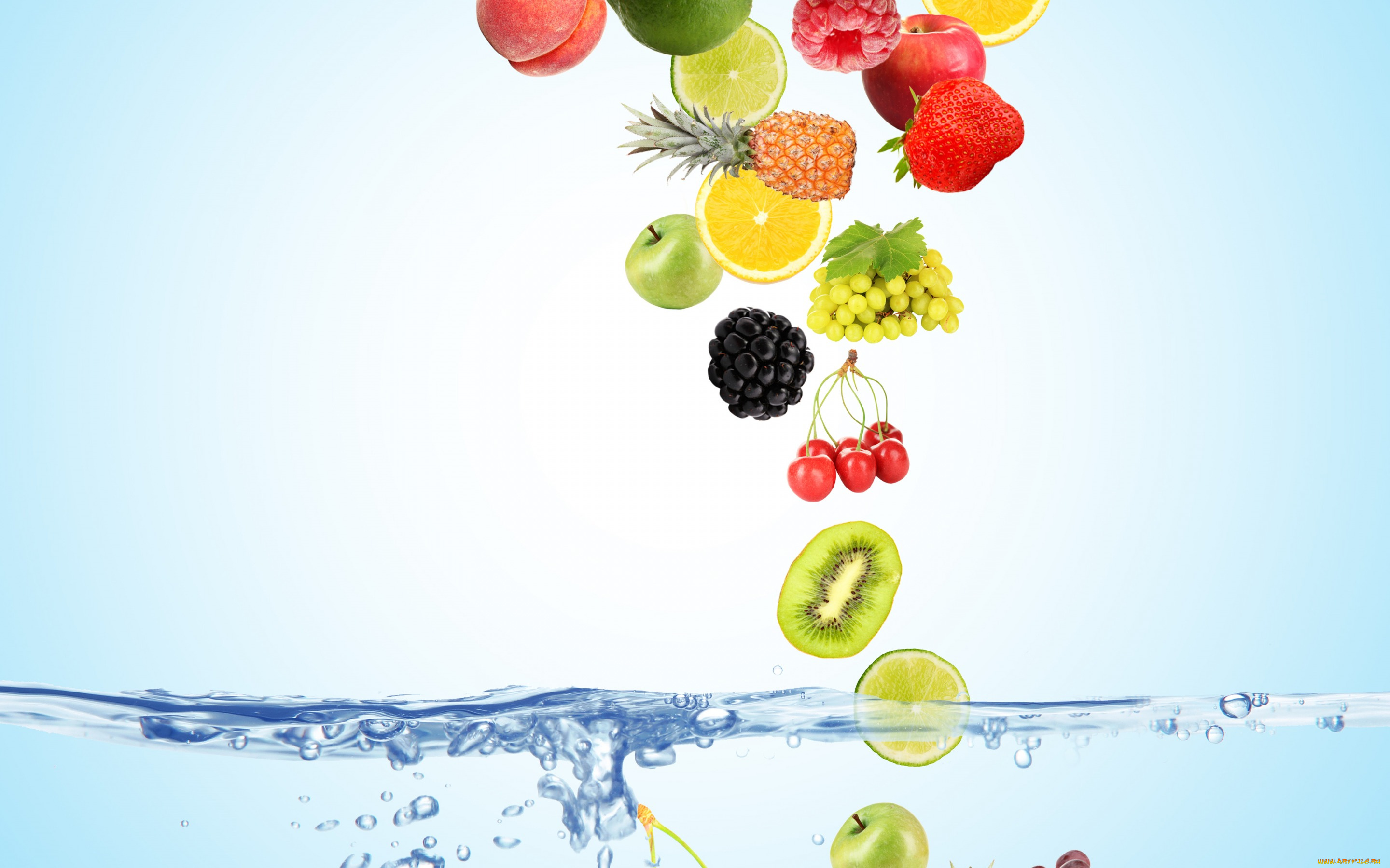 еда, фрукты, , ягоды, вода, пузырьки, вишня, ягоды, малина, фон, голубой, лимон, яблоки, кокос, киви, клубника, виноград, сверху, лайм, персики, падают