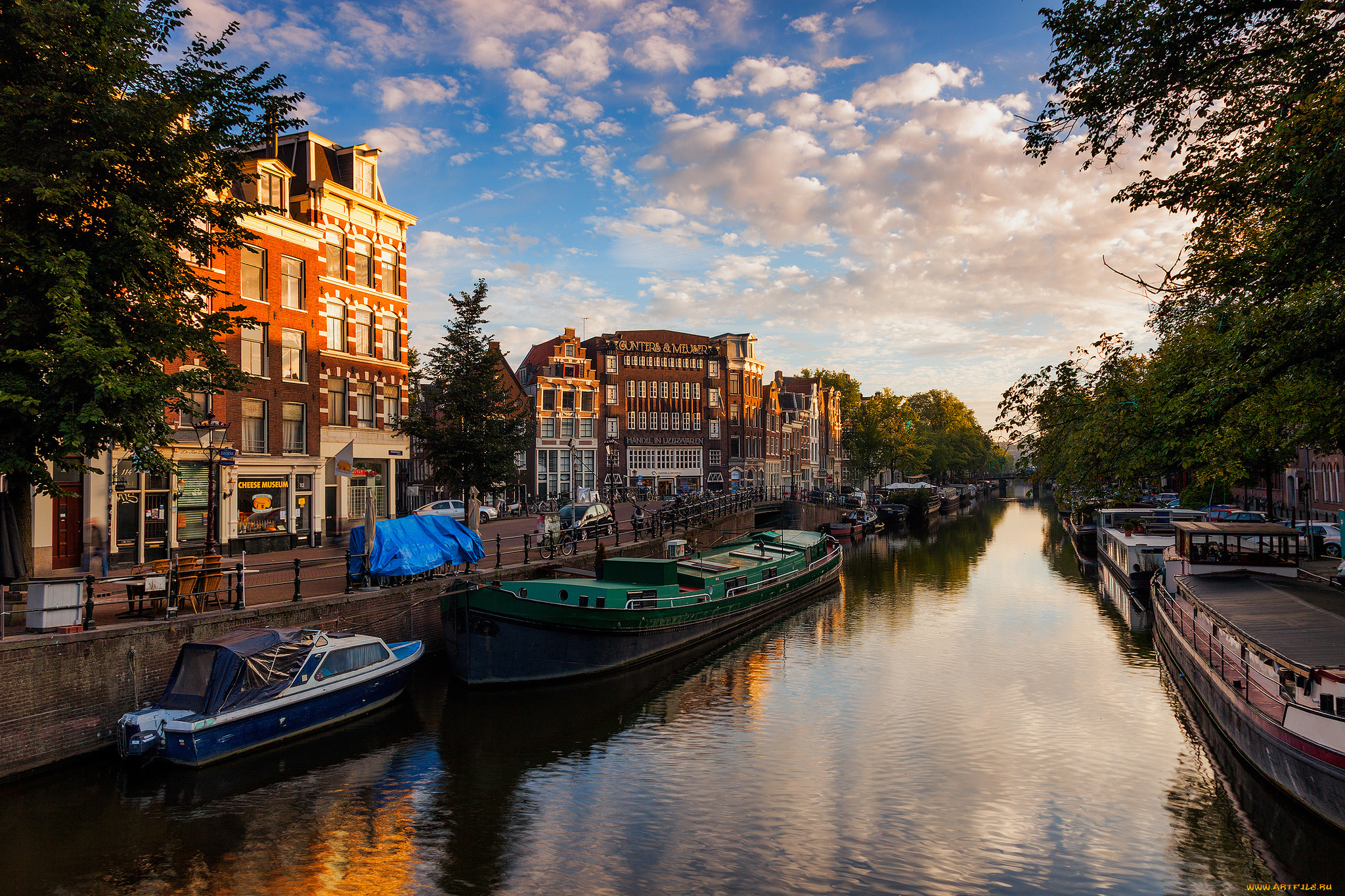 города, амстердам, , нидерланды, канал, катера, набережная, небо, дома