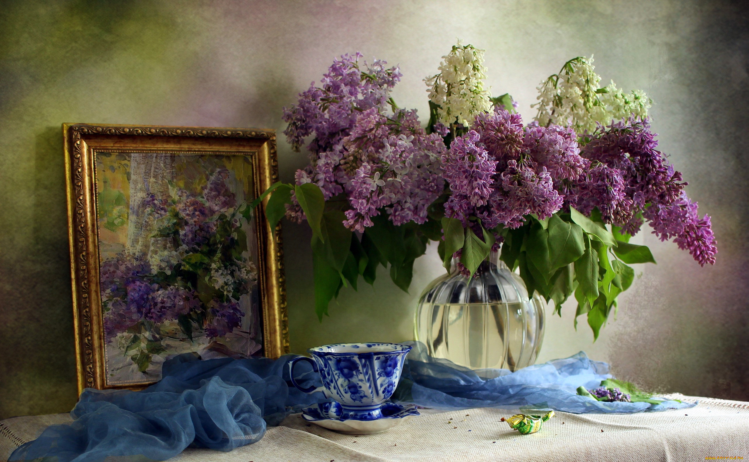 цветы, сирень, ваза, букет, белая, лиловая, картина, чашка