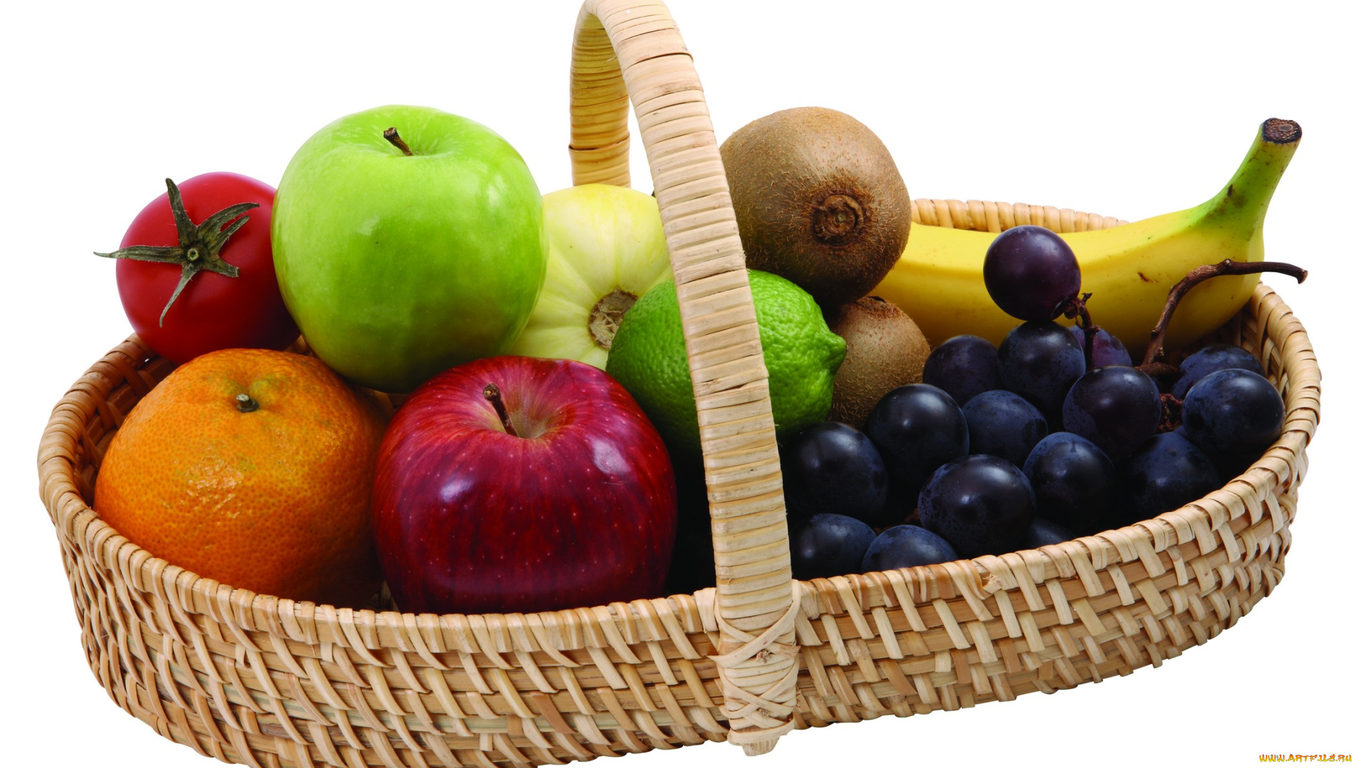 еда, фрукты, овощи, вместе, корзинка, фруткты, помидоры, яблоко, апельсин, банан, виноград, киви, лайм, кабачок, красный, жёлтый, зелёный