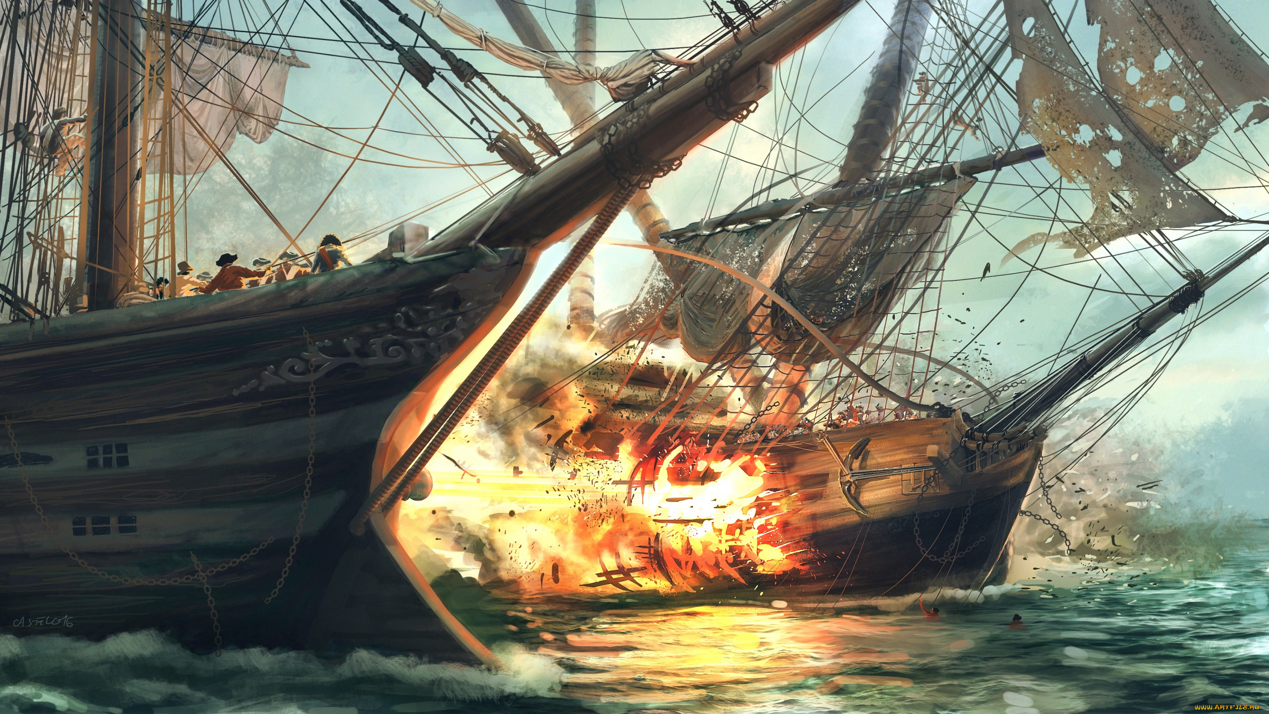 фэнтези, корабли, огонь, пираты, море, битва