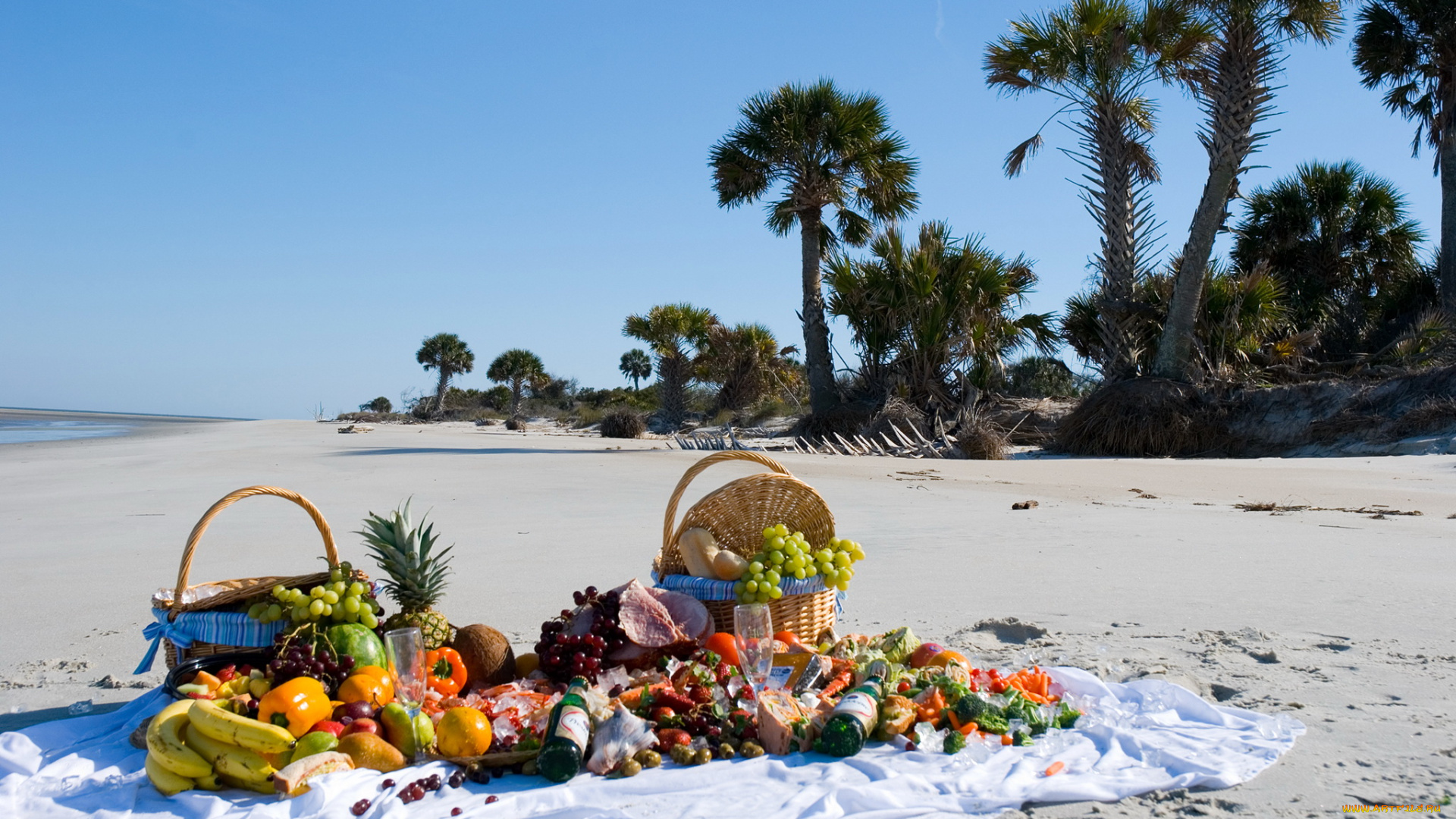 еда, разное, овощи, море, напитки, берег, фрукты, пикник