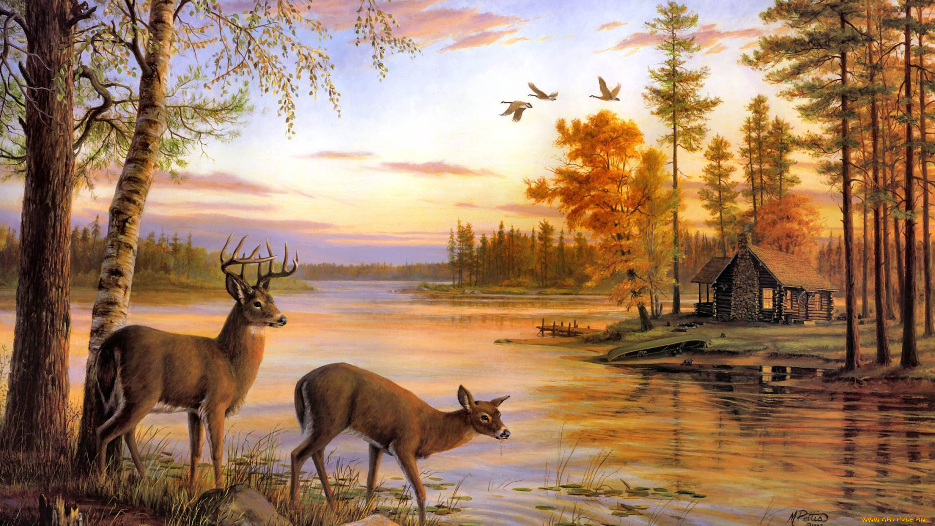 quiet, evening, рисованные, mary, pettis, осень, олени, озеро
