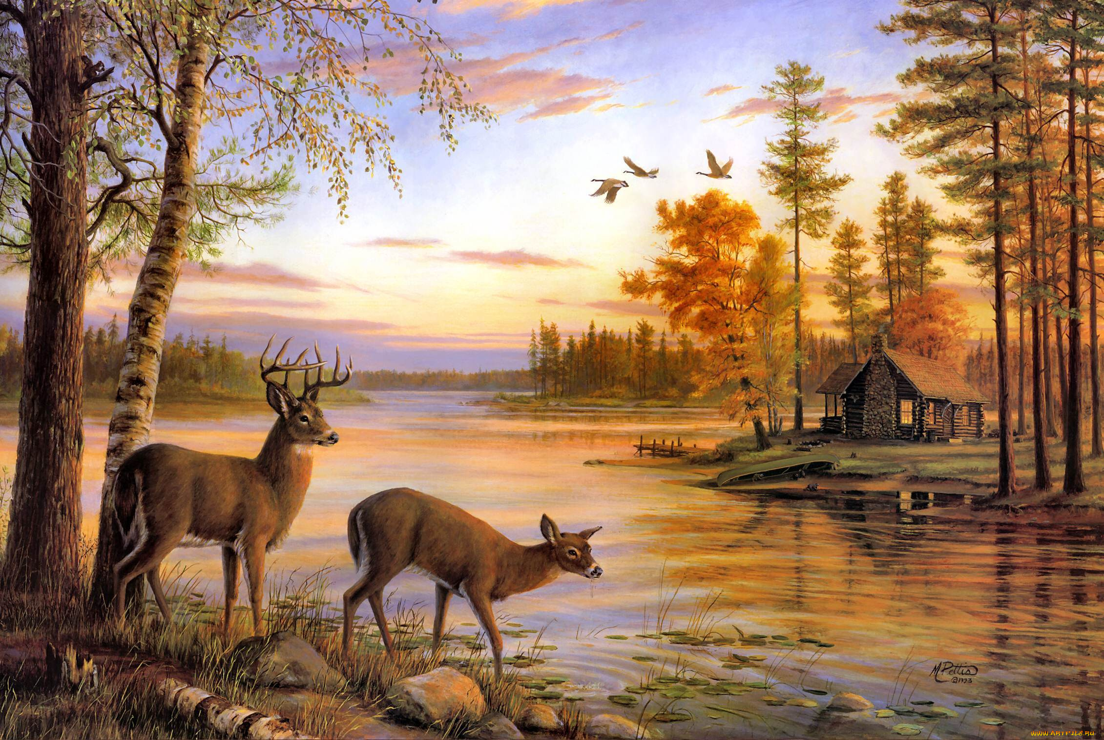 quiet, evening, рисованные, mary, pettis, осень, олени, озеро