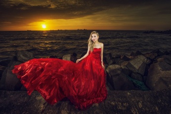 Картинка девушки -unsort+ азиатки море красное платье азиатка стиль камни девушка закат