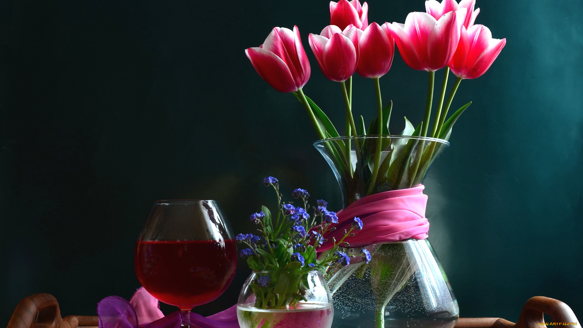 цветы, разные, вместе, тюльпаны, незабудки, бокал