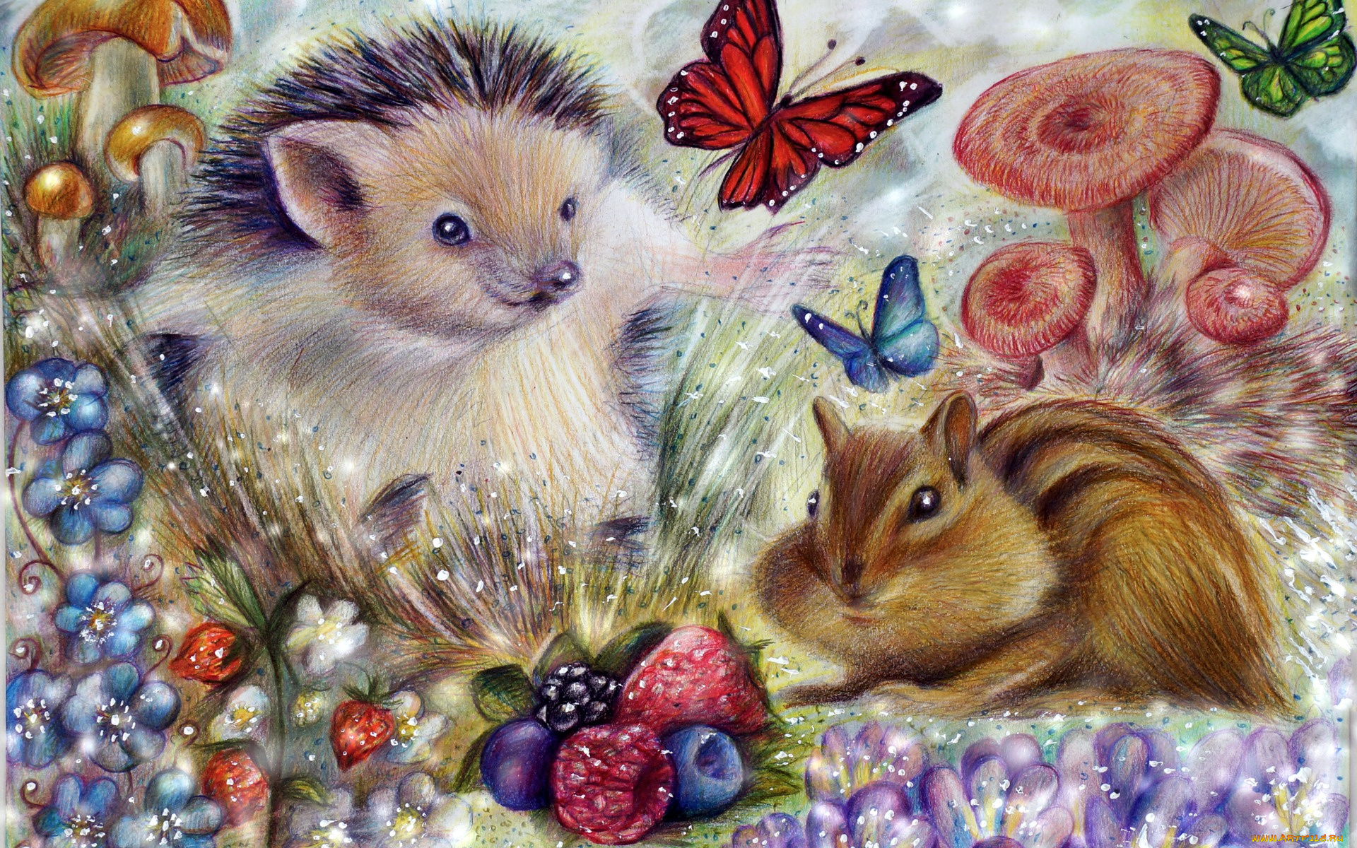 рисованное, животные, природа, цветы, ягоды, грибы, бабочка, бурундук, ёжик, арт, ёж, живопись